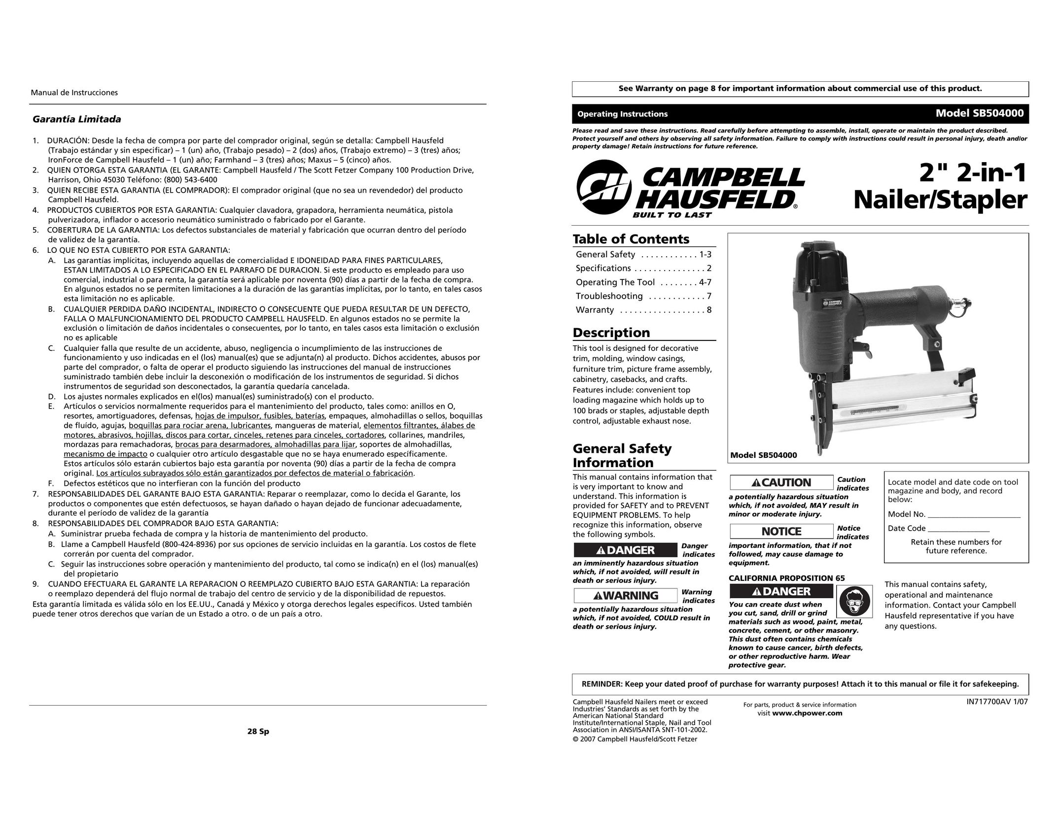Campbell Hausfeld SB504000 Staple Gun User Manual
