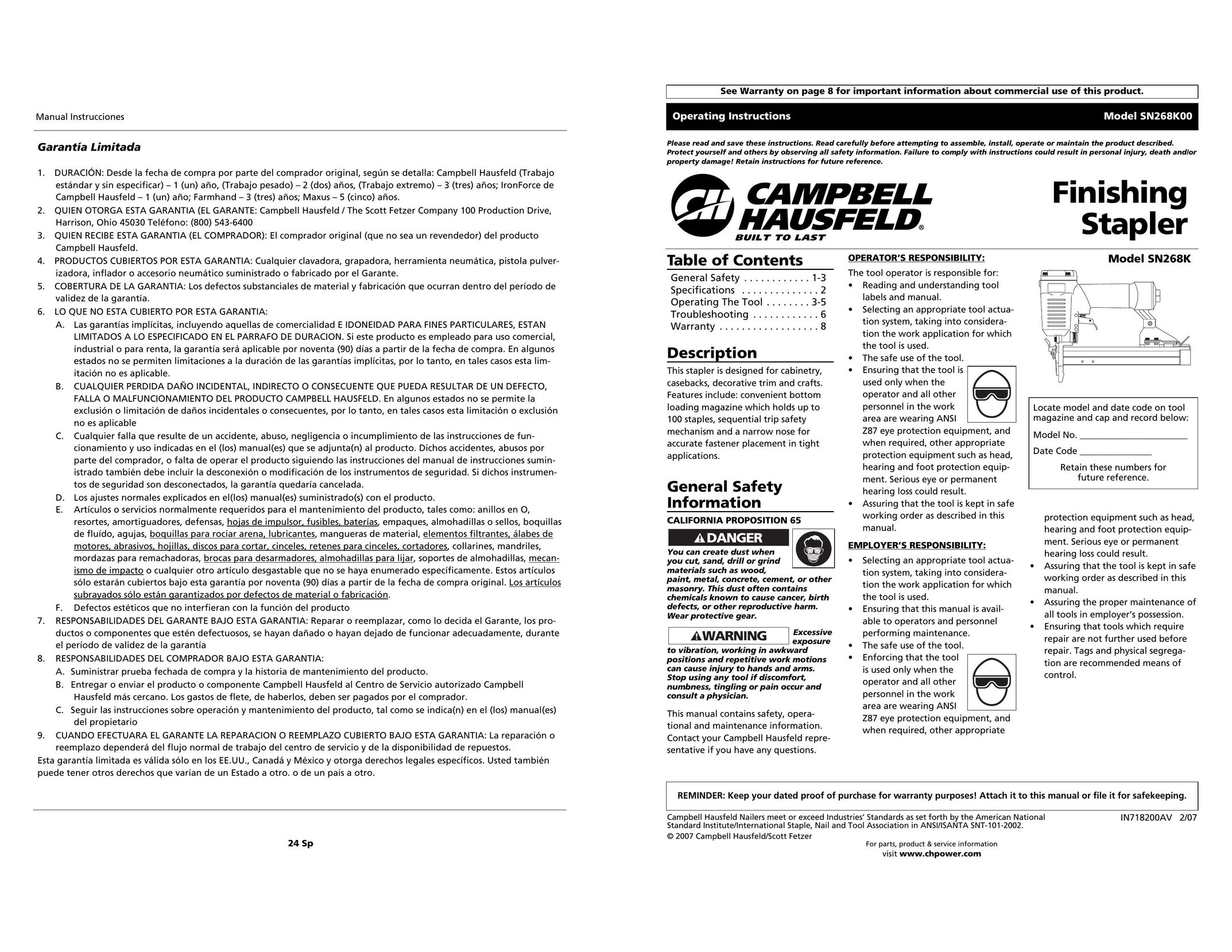 Campbell Hausfeld SN268K00 Staple Gun User Manual