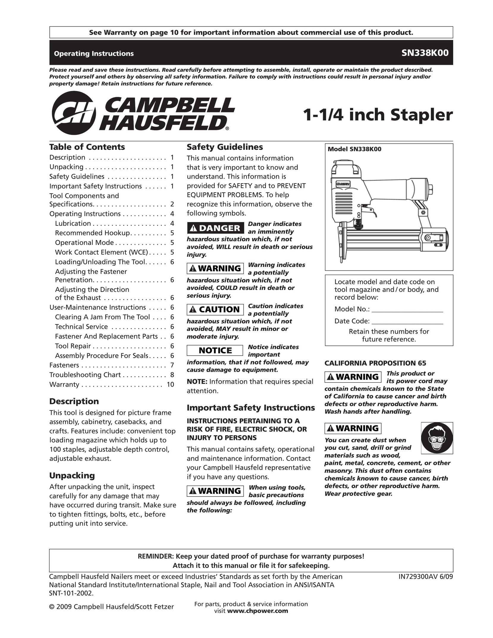 Campbell Hausfeld SN338K00 Staple Gun User Manual