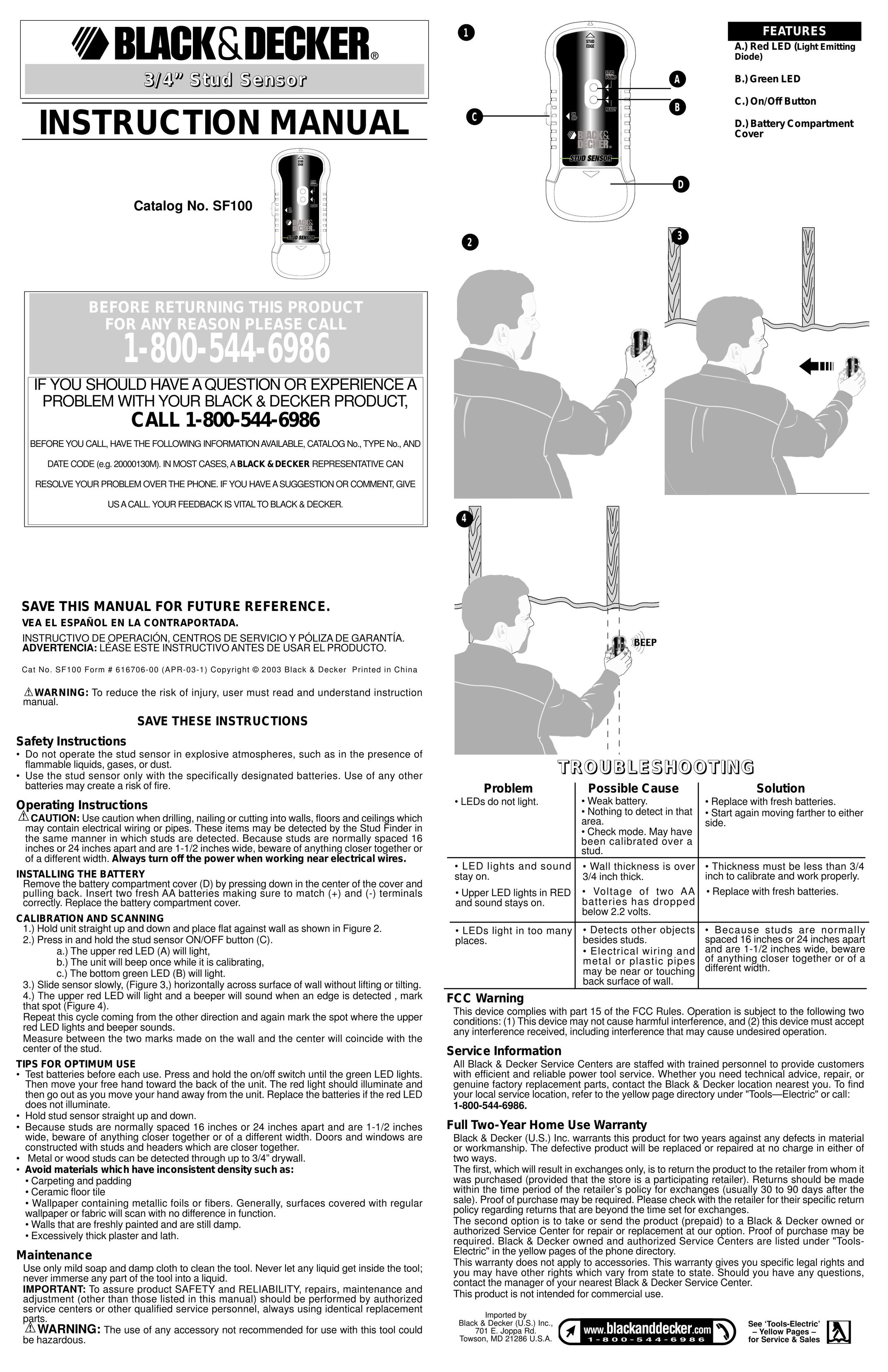 Black & Decker SF100 Stud Sensor User Manual