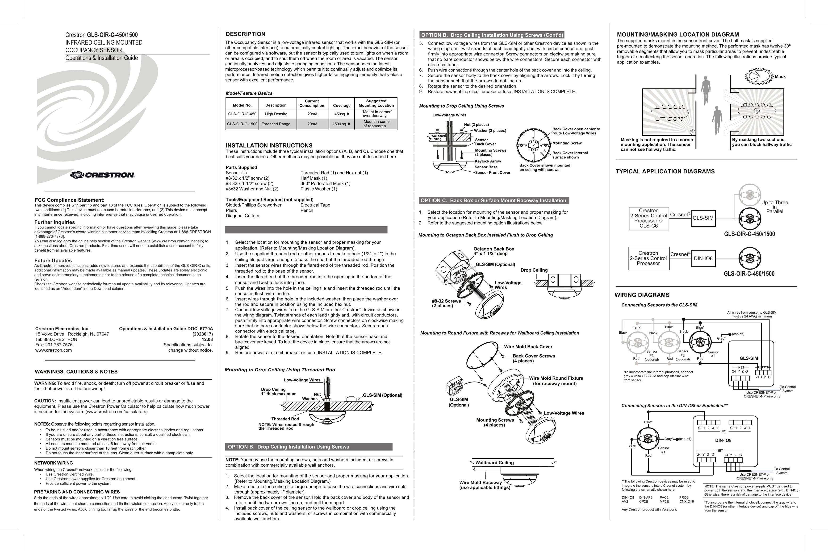 Crestron electronic GLS-OIR-C-450/1500 Stud Sensor User Manual