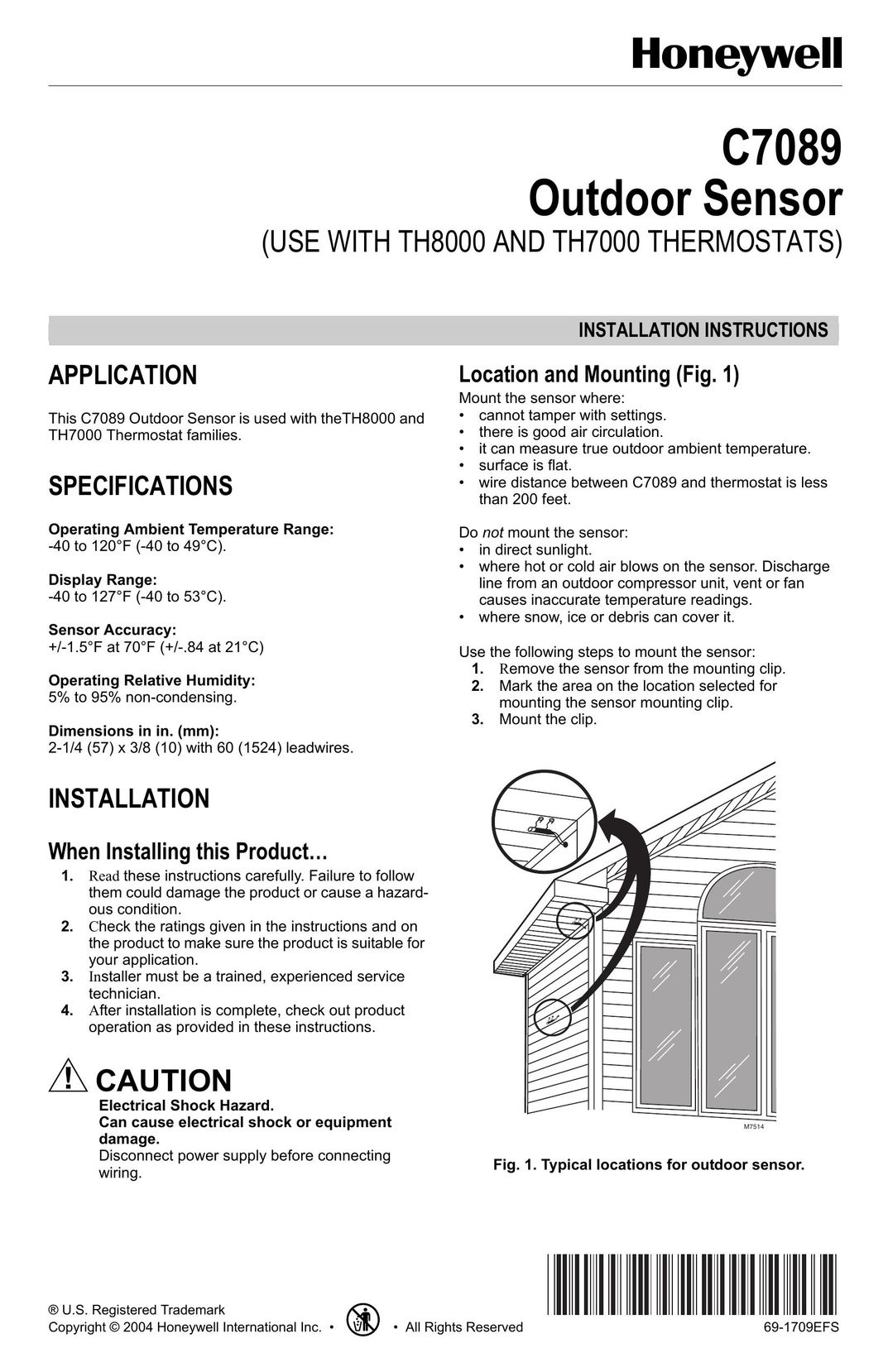 Honeywell C7089 Stud Sensor User Manual