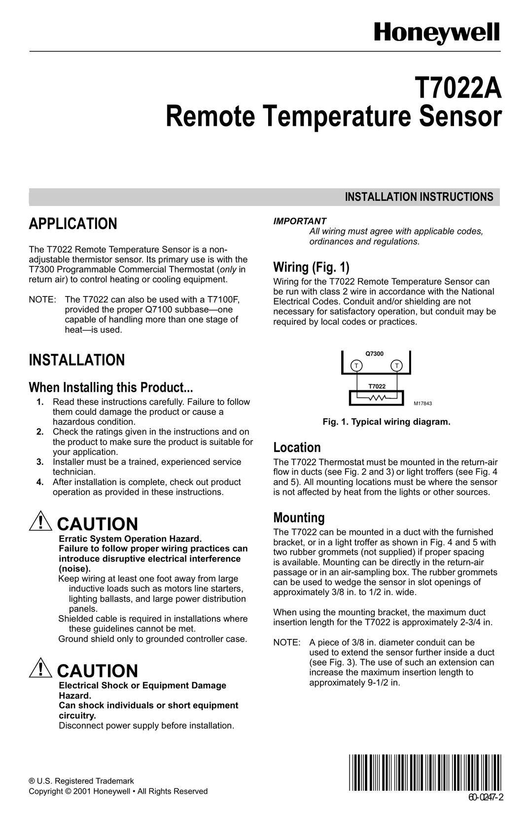 Honeywell T7022A Stud Sensor User Manual