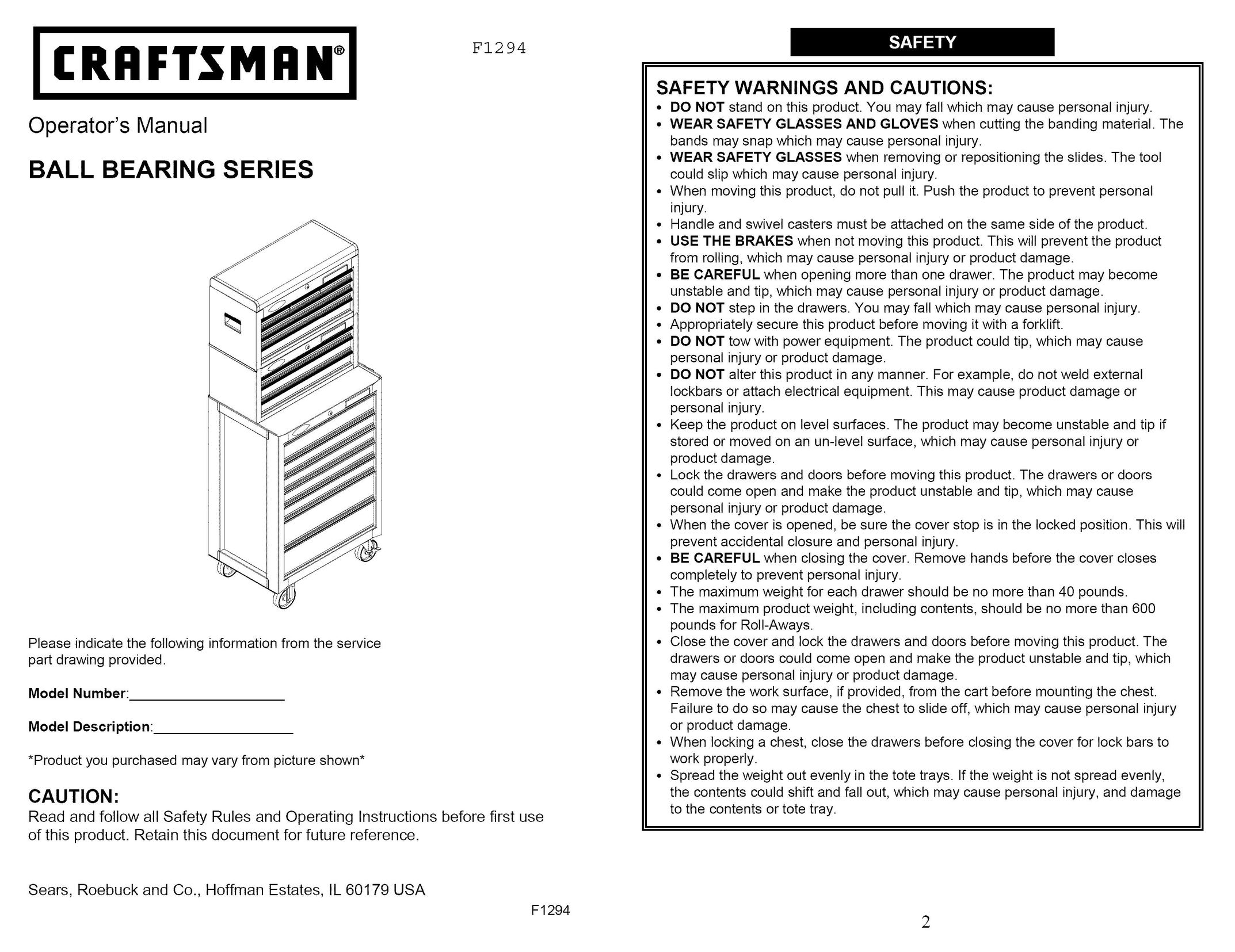 Craftsman F1294 Tool Storage User Manual