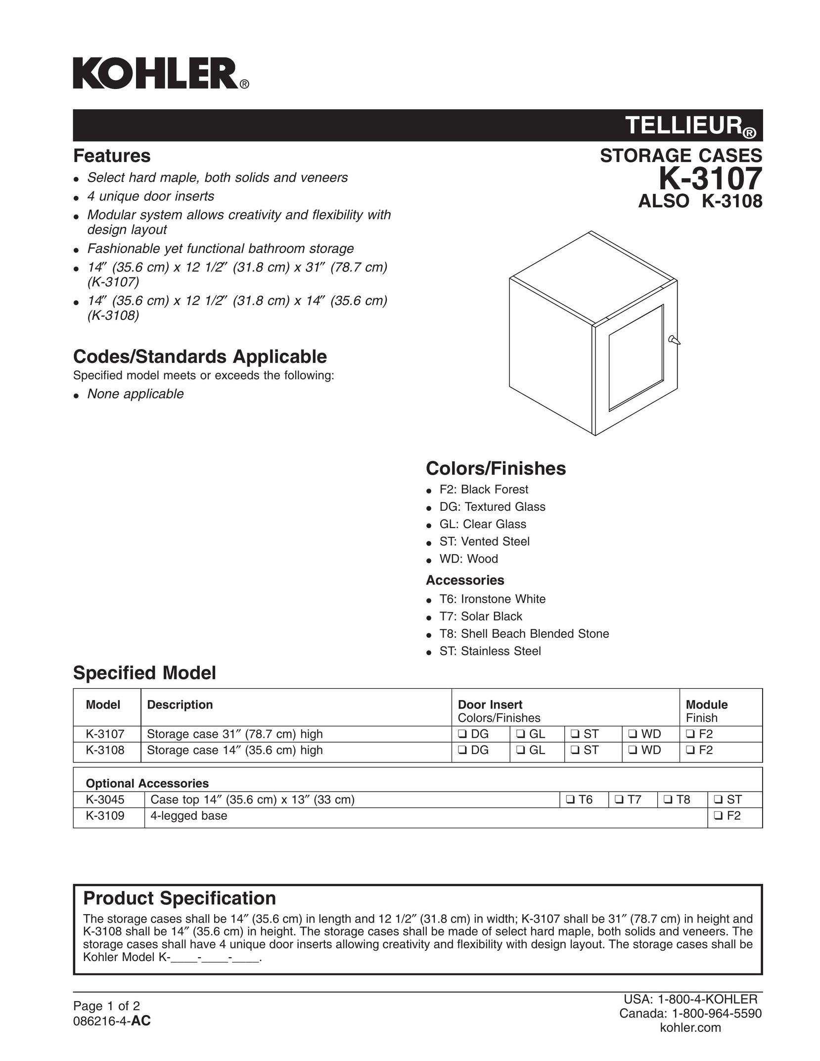 Kohler K-3108 Tool Storage User Manual