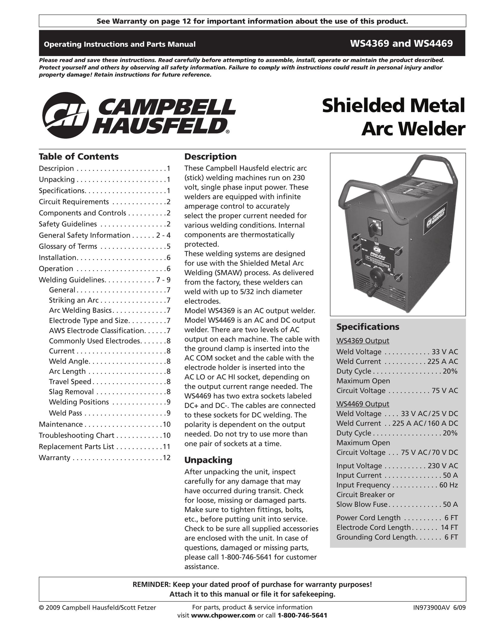Campbell Hausfeld IN973900AV Welder User Manual