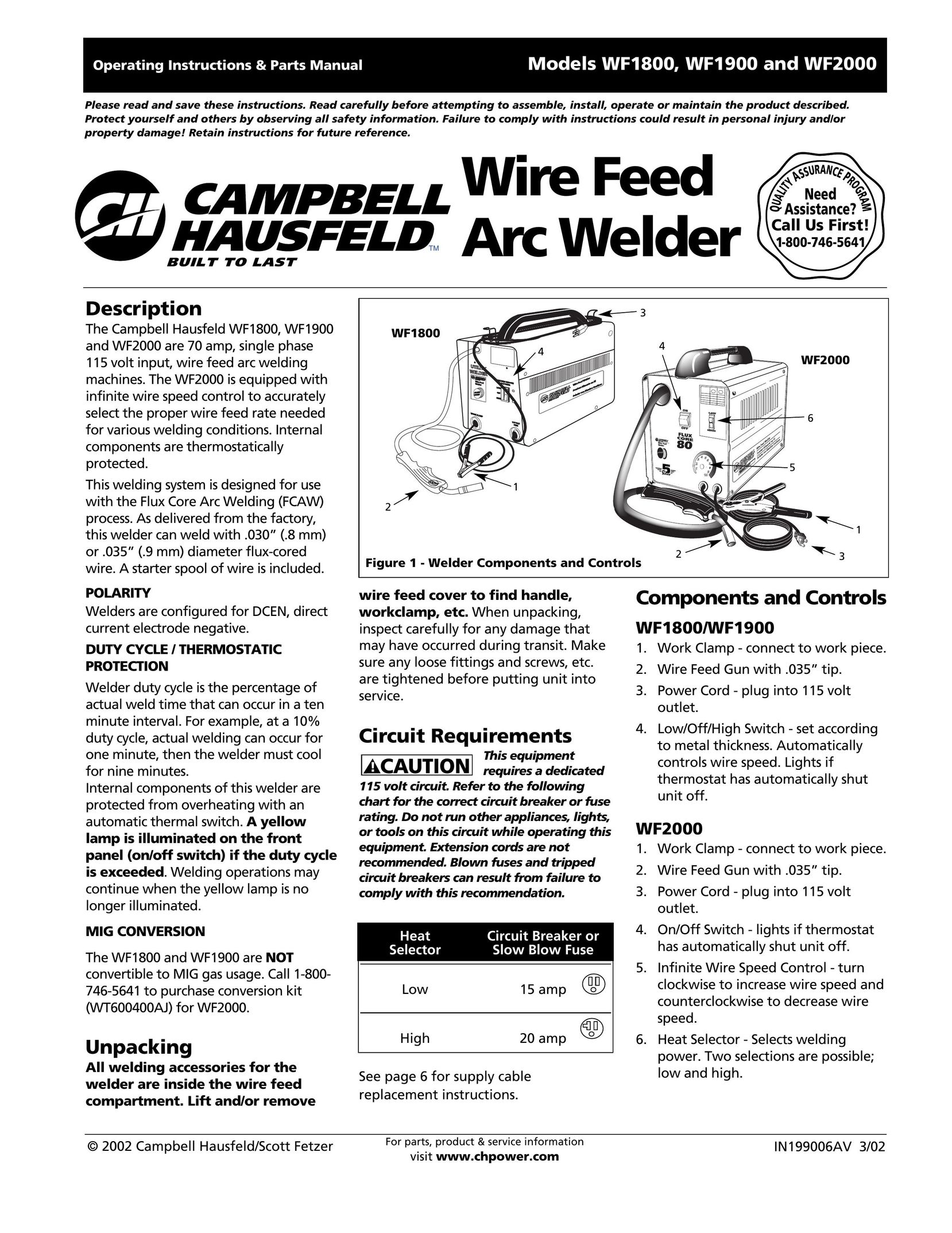 Campbell Hausfeld WF1800 Welder User Manual