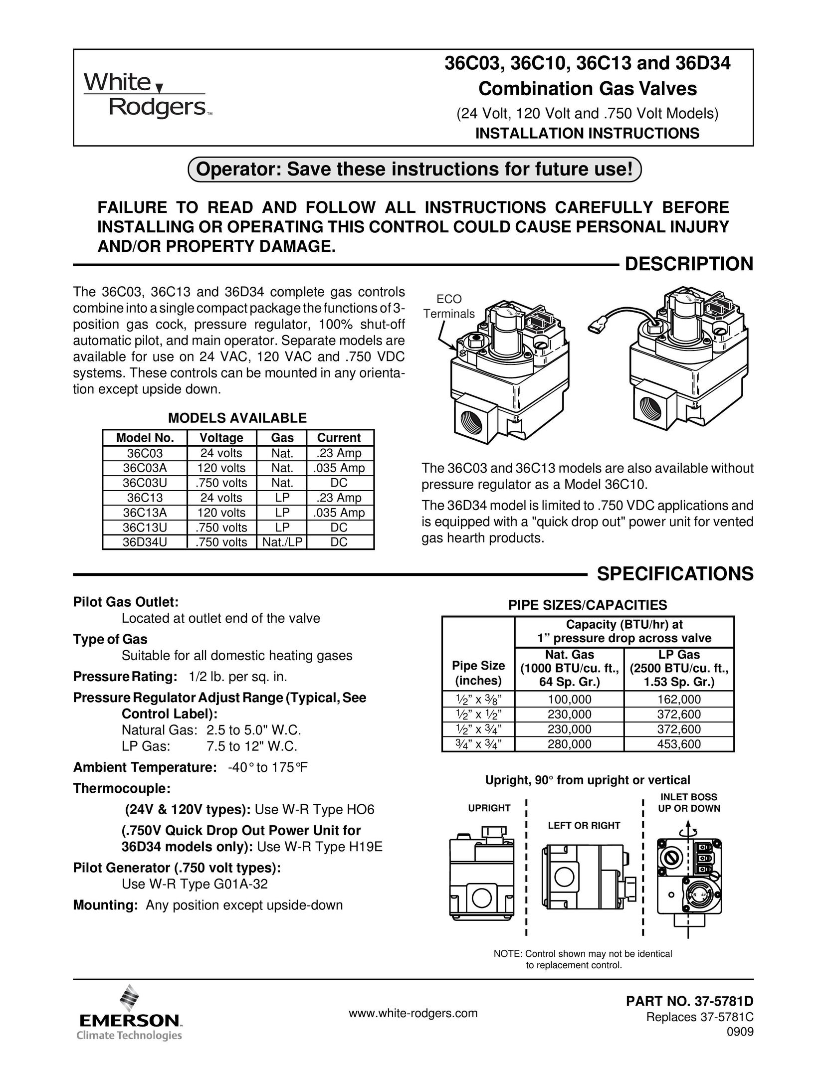 White Rodgers 36C10 Welding Consumables User Manual