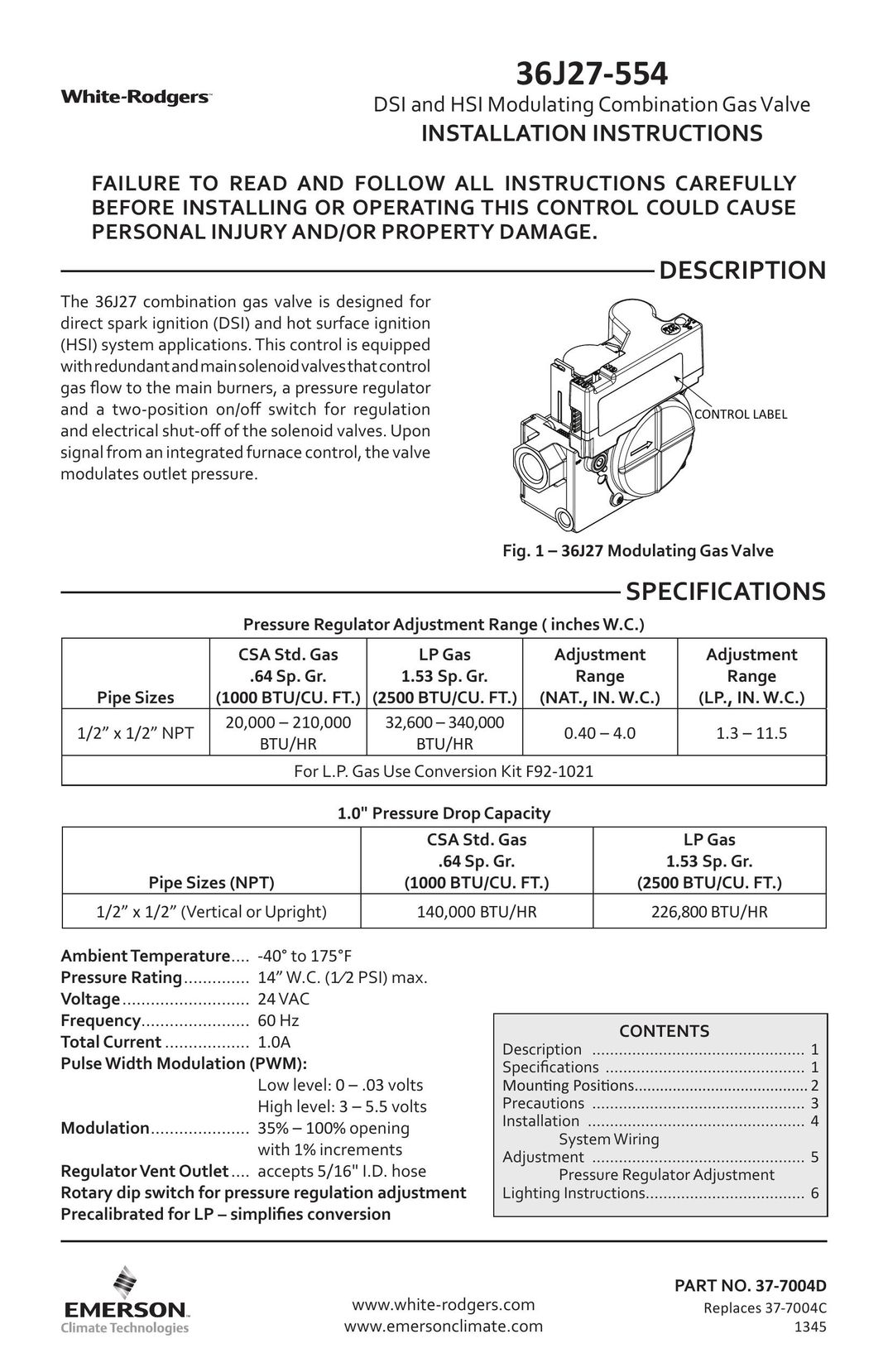 White Rodgers 36J27-554 Welding Consumables User Manual