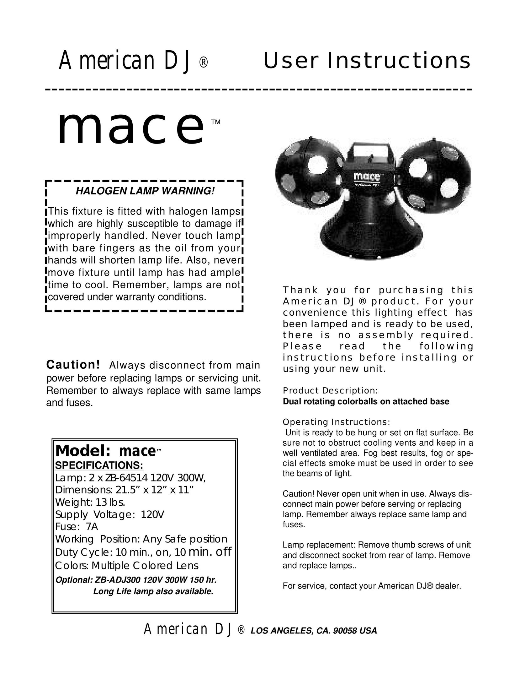American DJ Mace Work Light User Manual