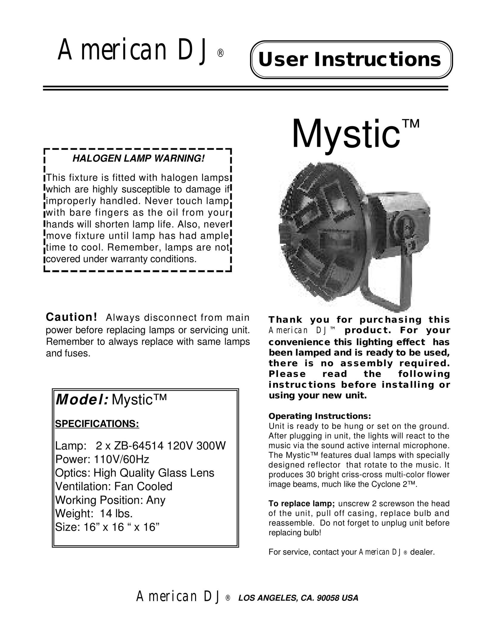 American DJ Mystic Work Light User Manual