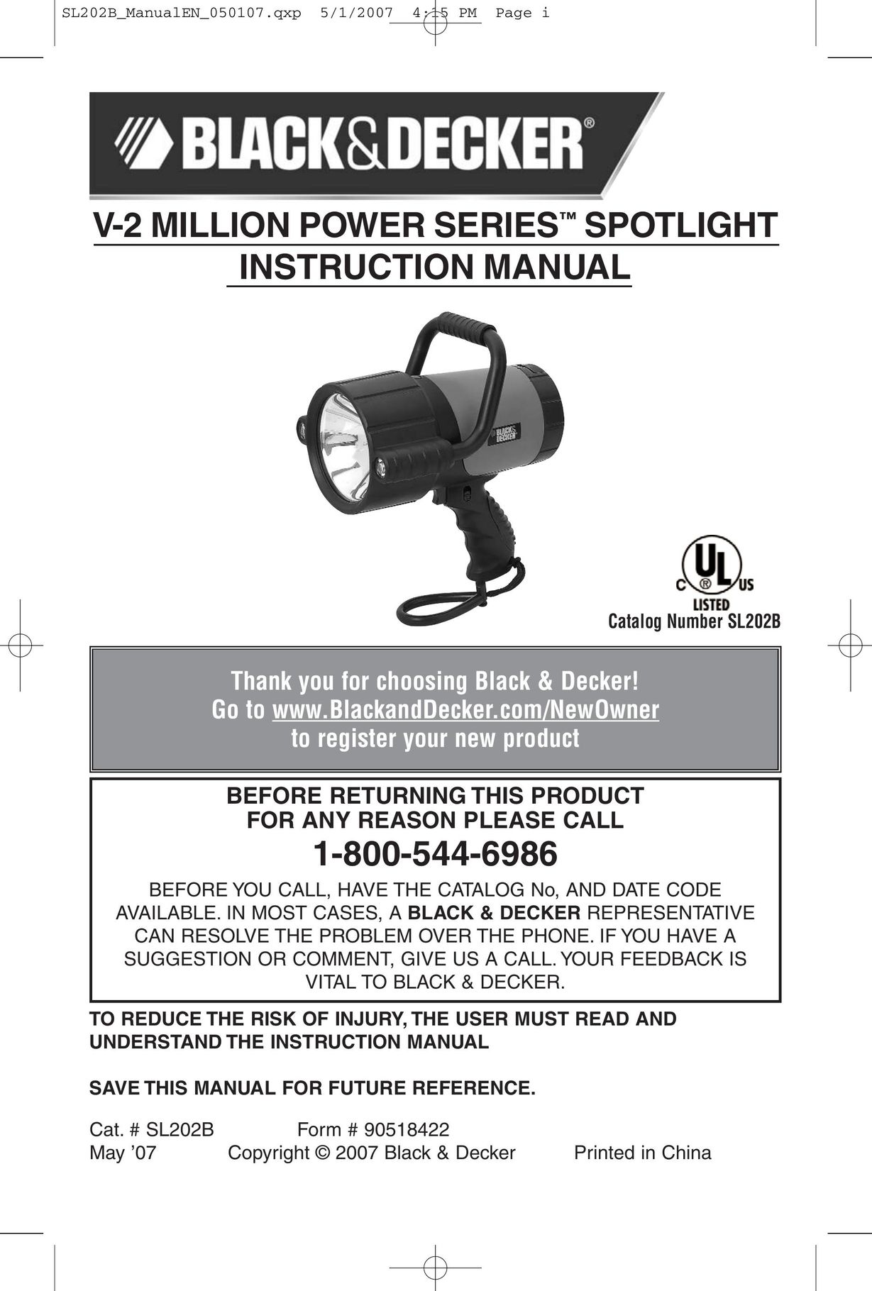 Black & Decker SL202B Work Light User Manual
