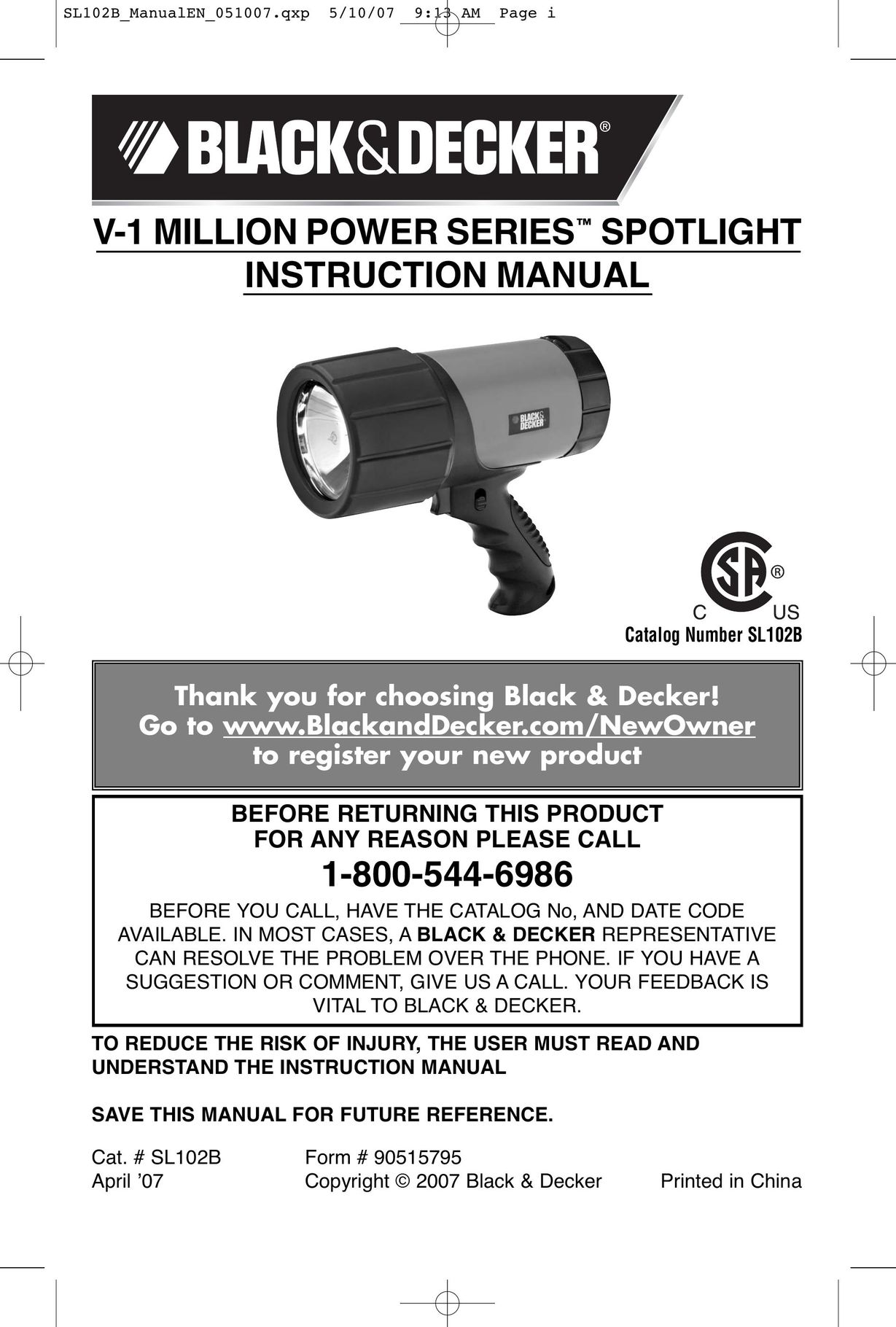 Black & Decker V-1 Million Work Light User Manual