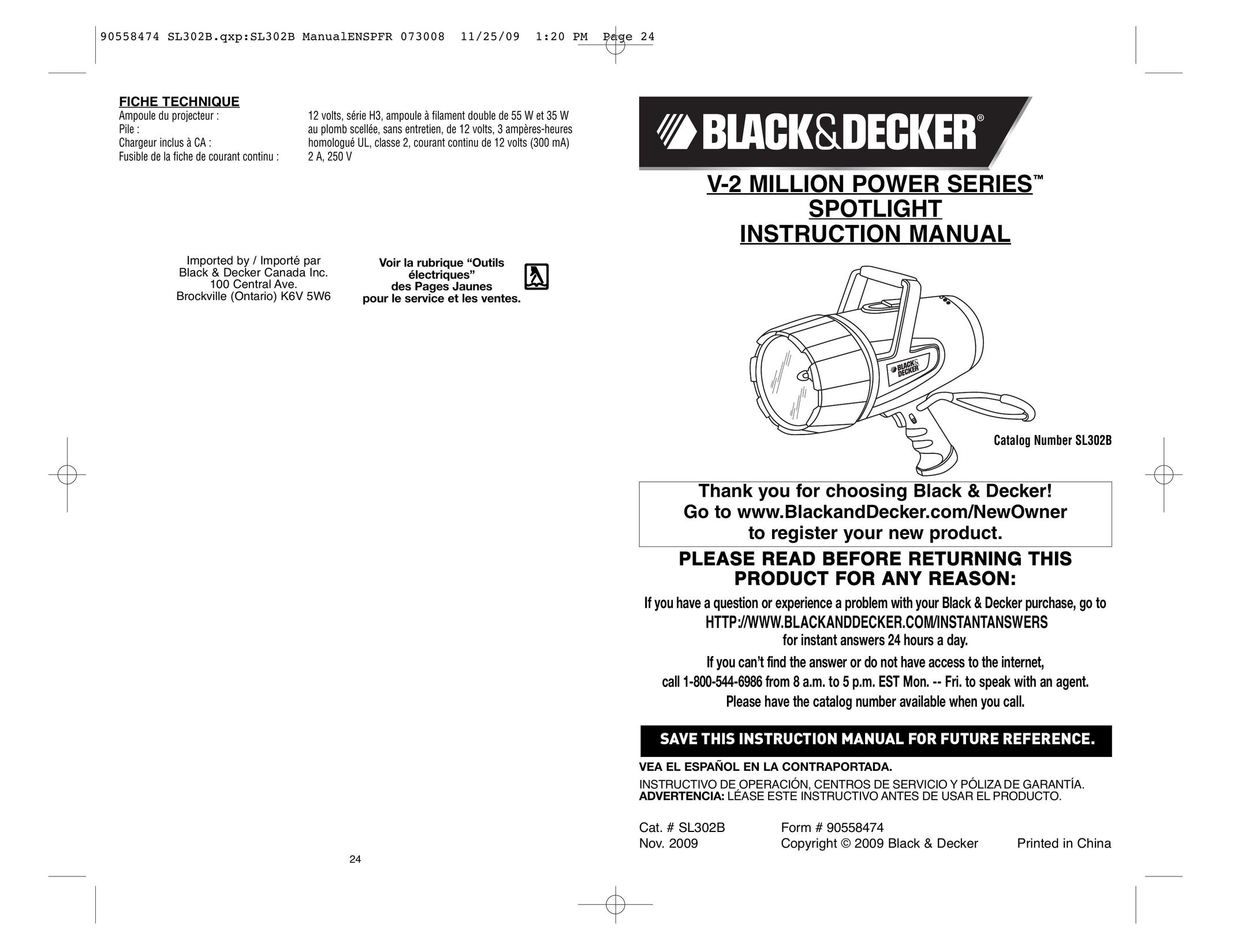 Black & Decker V-2 Million Work Light User Manual