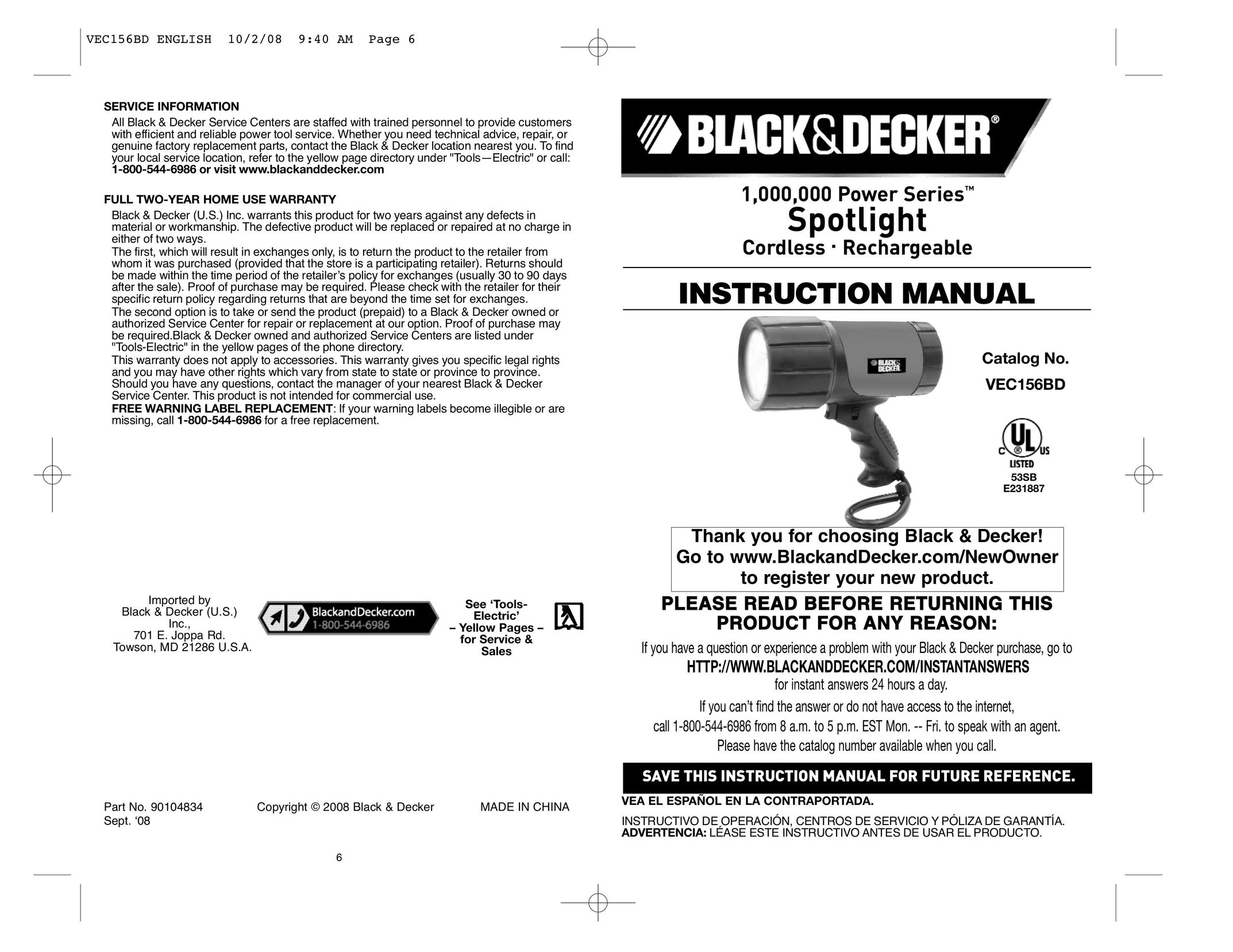 Black & Decker VEC156BD Work Light User Manual