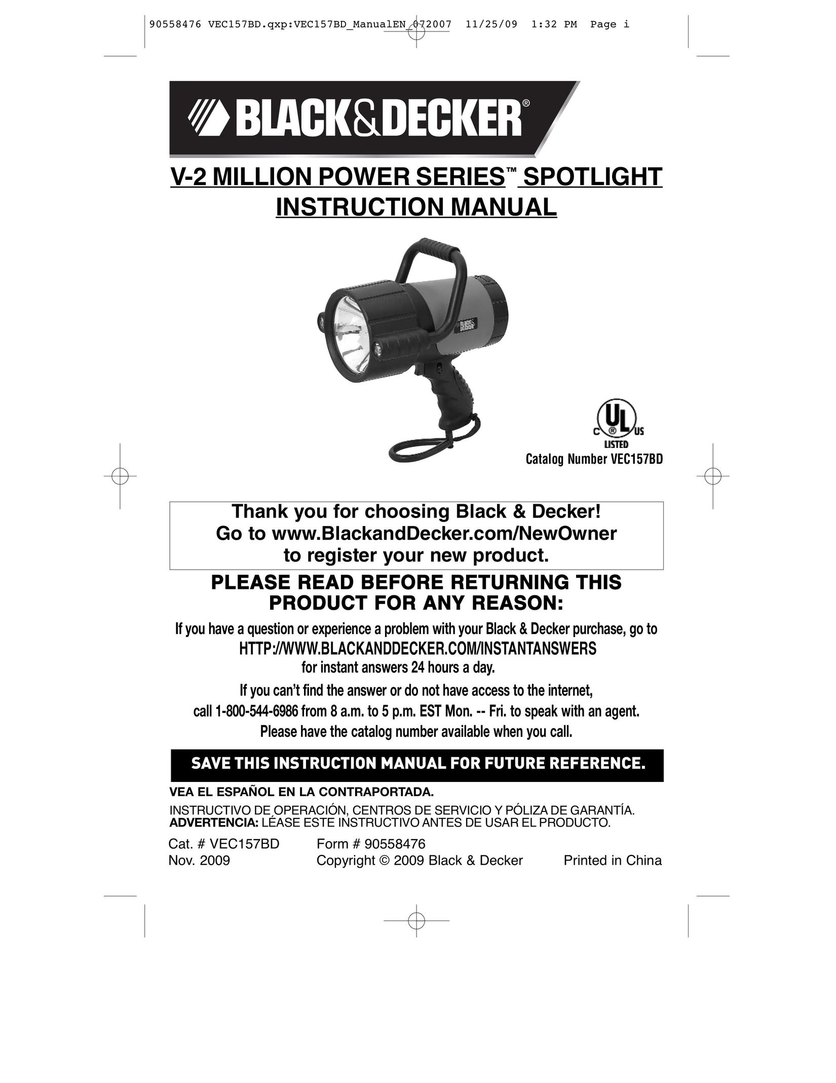 Black & Decker VEC157BD Work Light User Manual