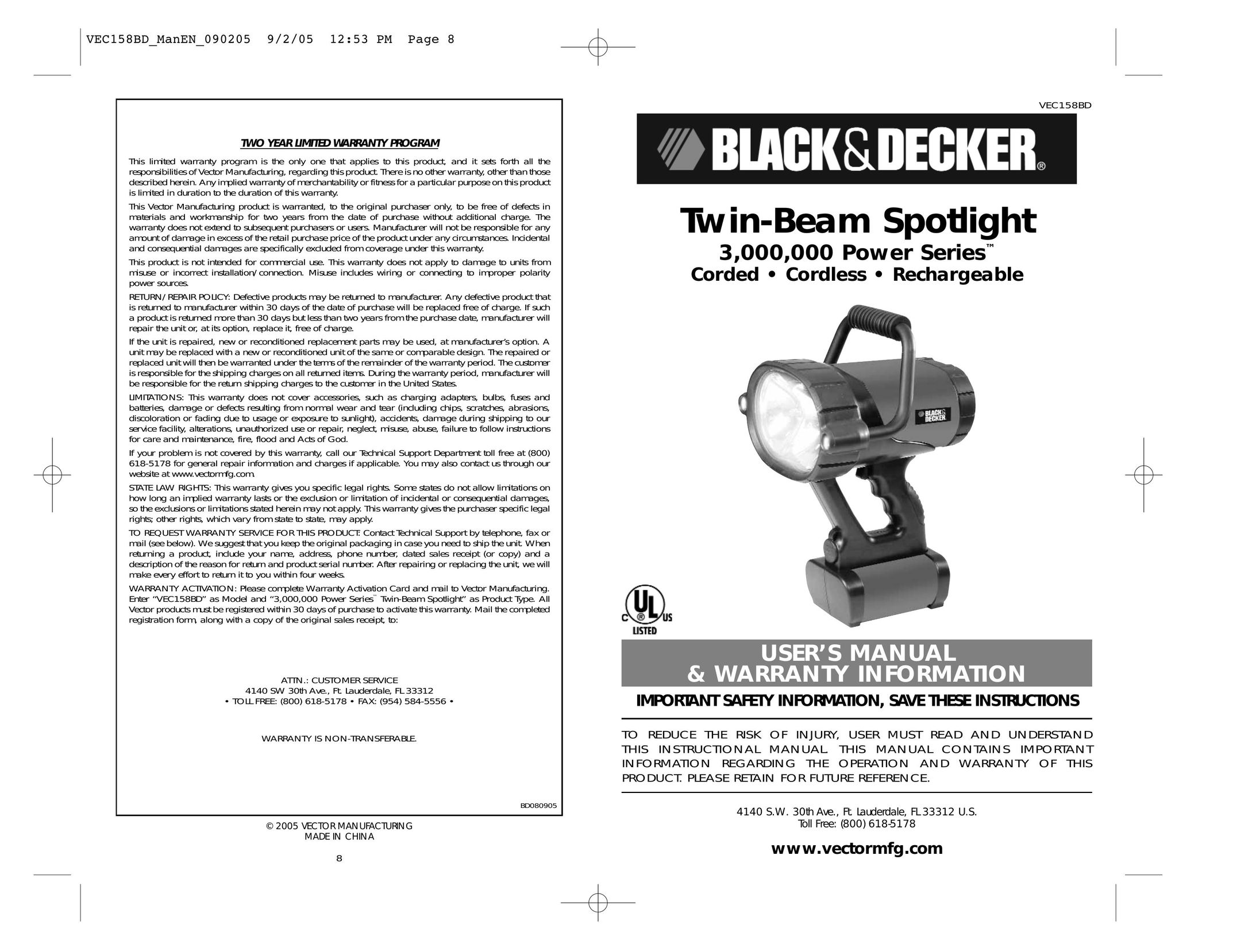 Black & Decker VEC158BD Work Light User Manual