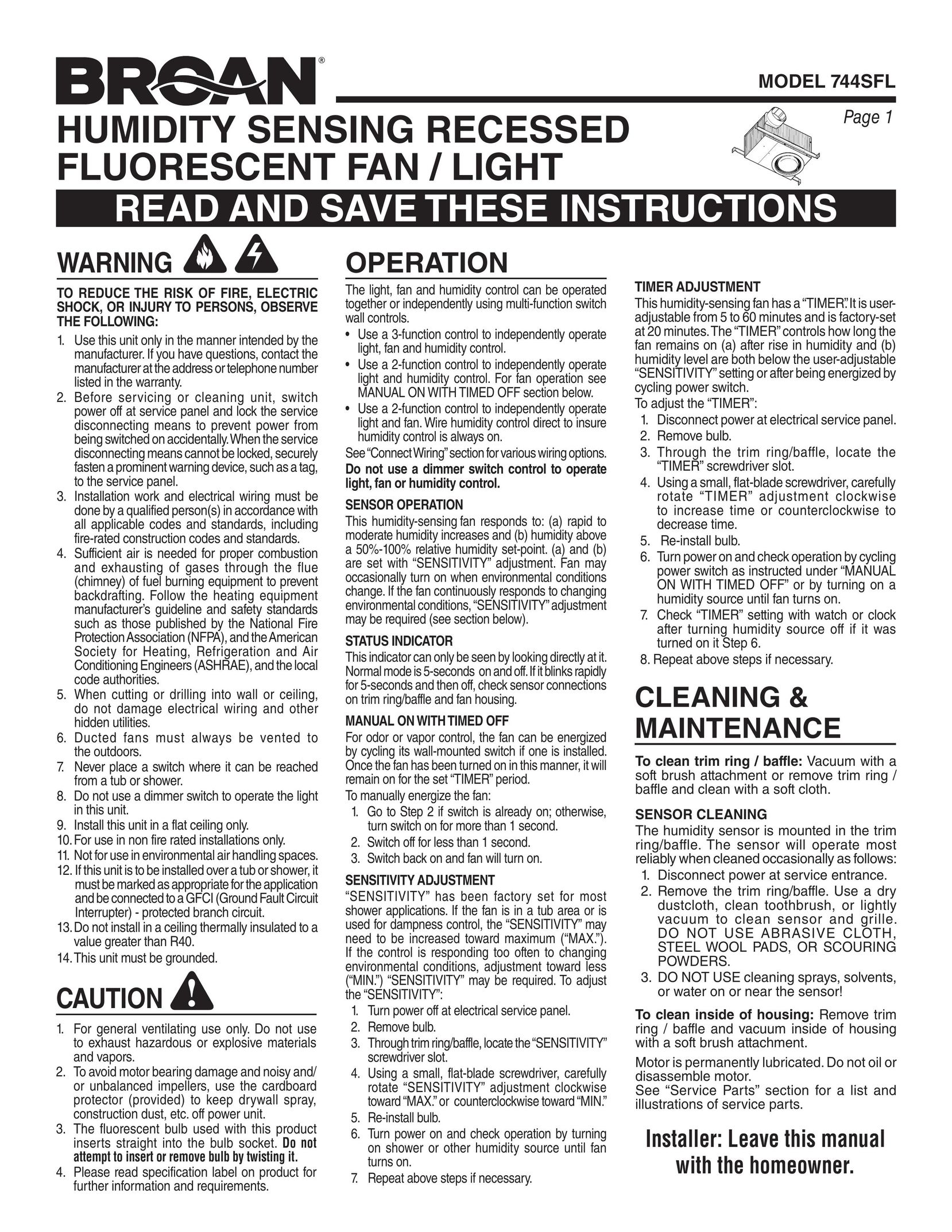 Broan 744SFL Work Light User Manual