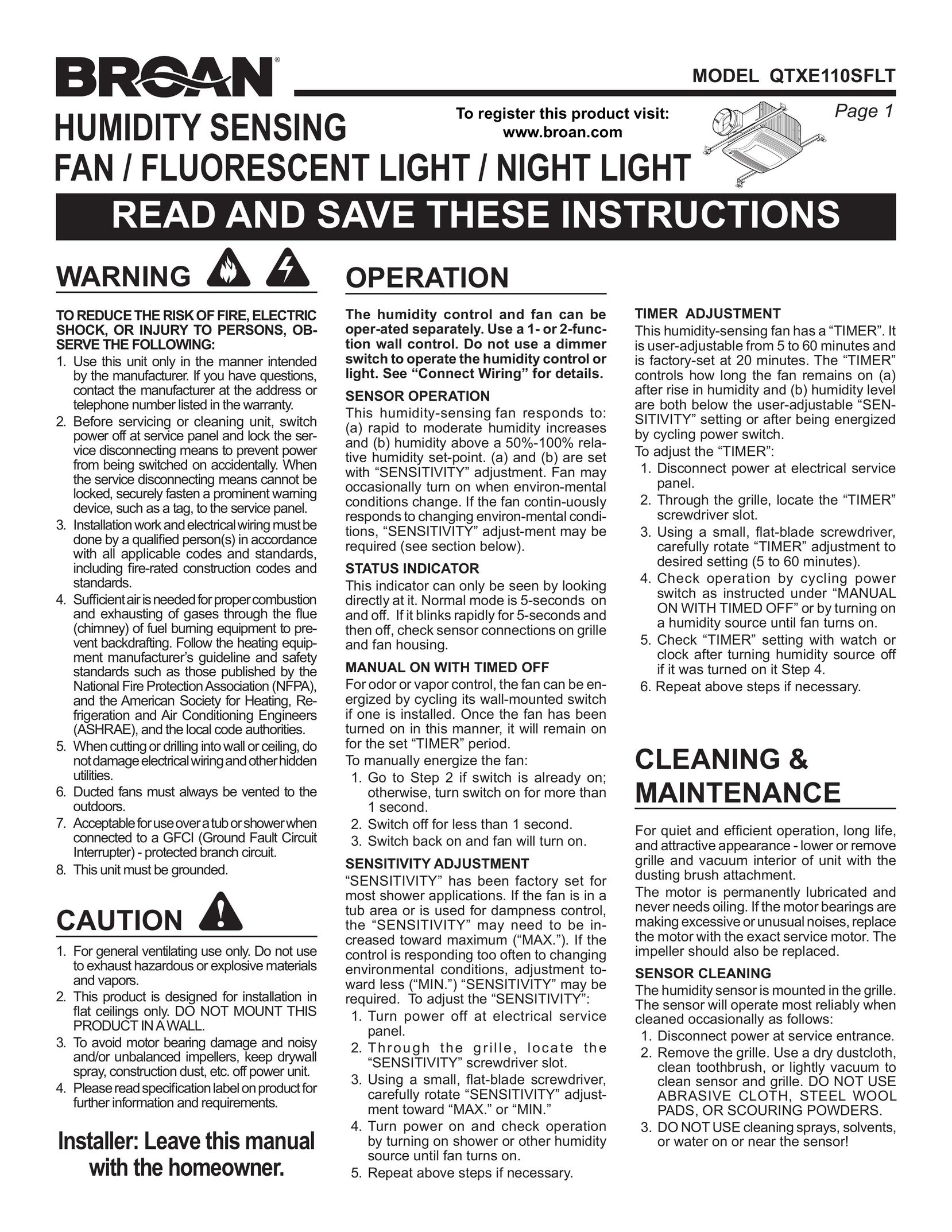 Broan QTXE110SFLT Work Light User Manual