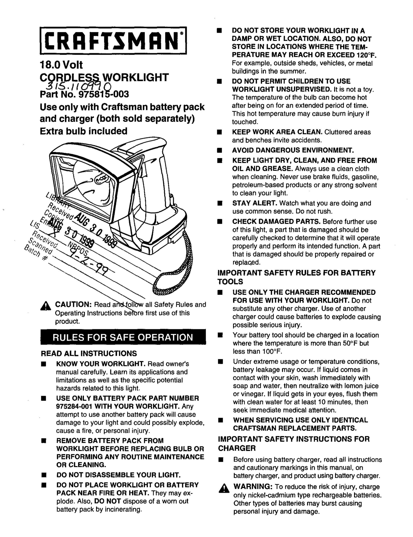 Craftsman 315.110990 Work Light User Manual