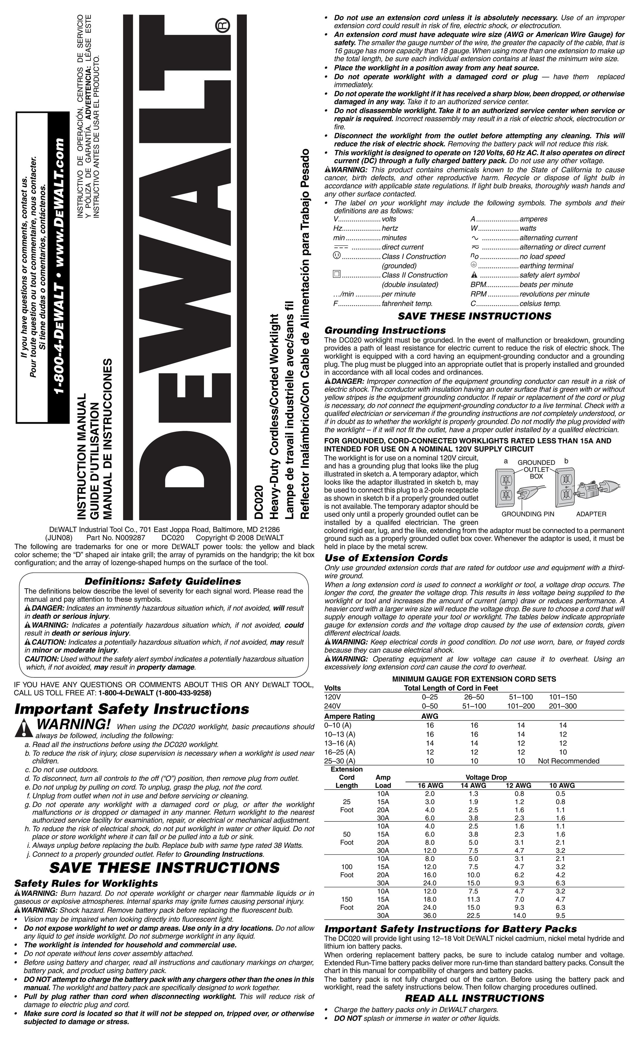 DeWalt DC020 Work Light User Manual