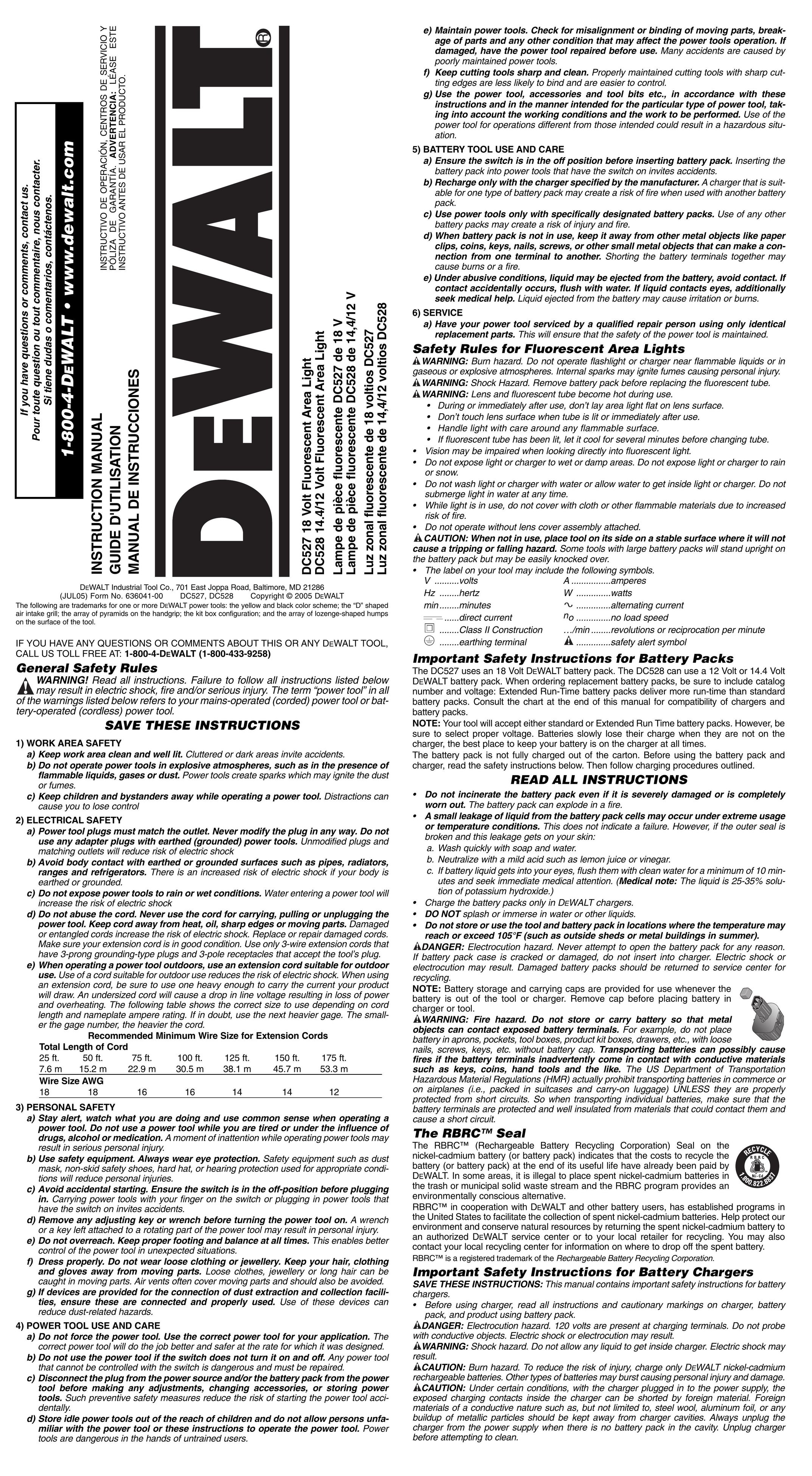 DeWalt DC527 Work Light User Manual