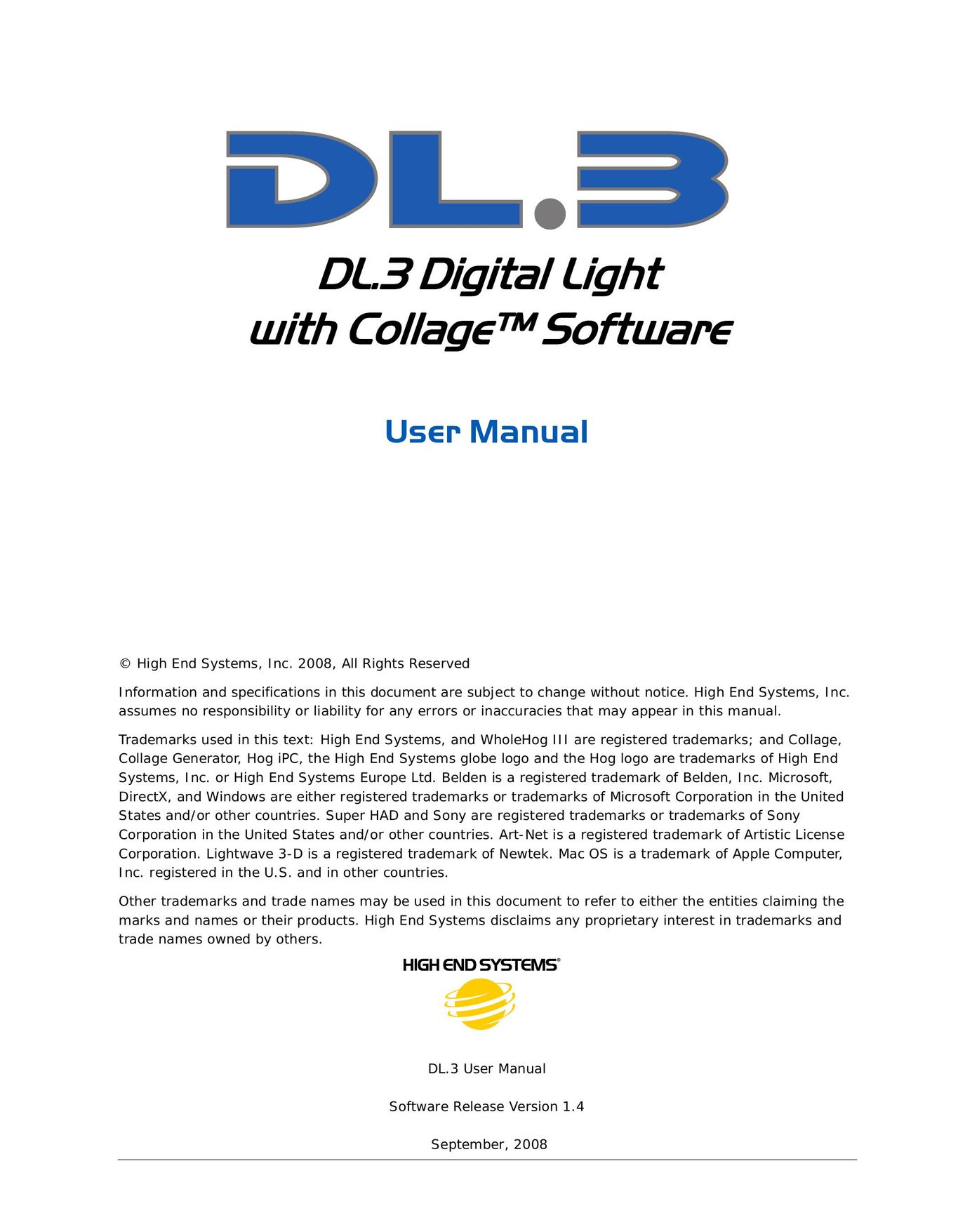 High End Systems DL.3 Work Light User Manual
