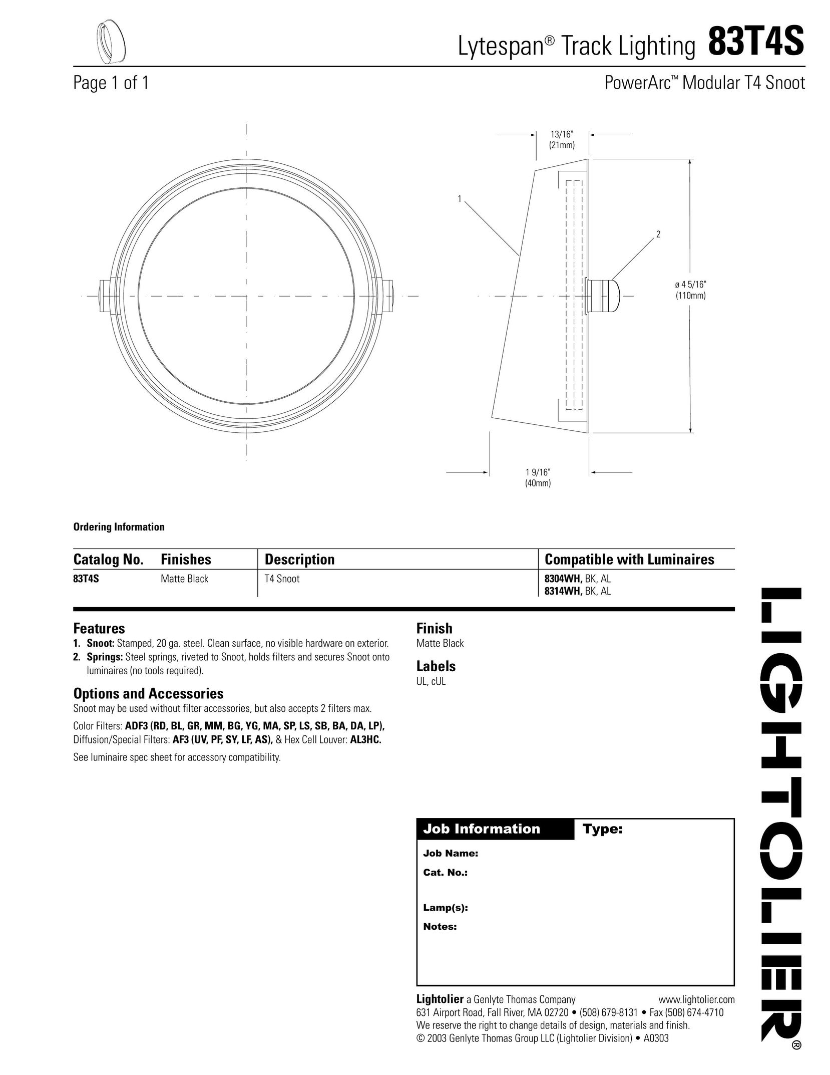 Lightolier 83T4S Work Light User Manual