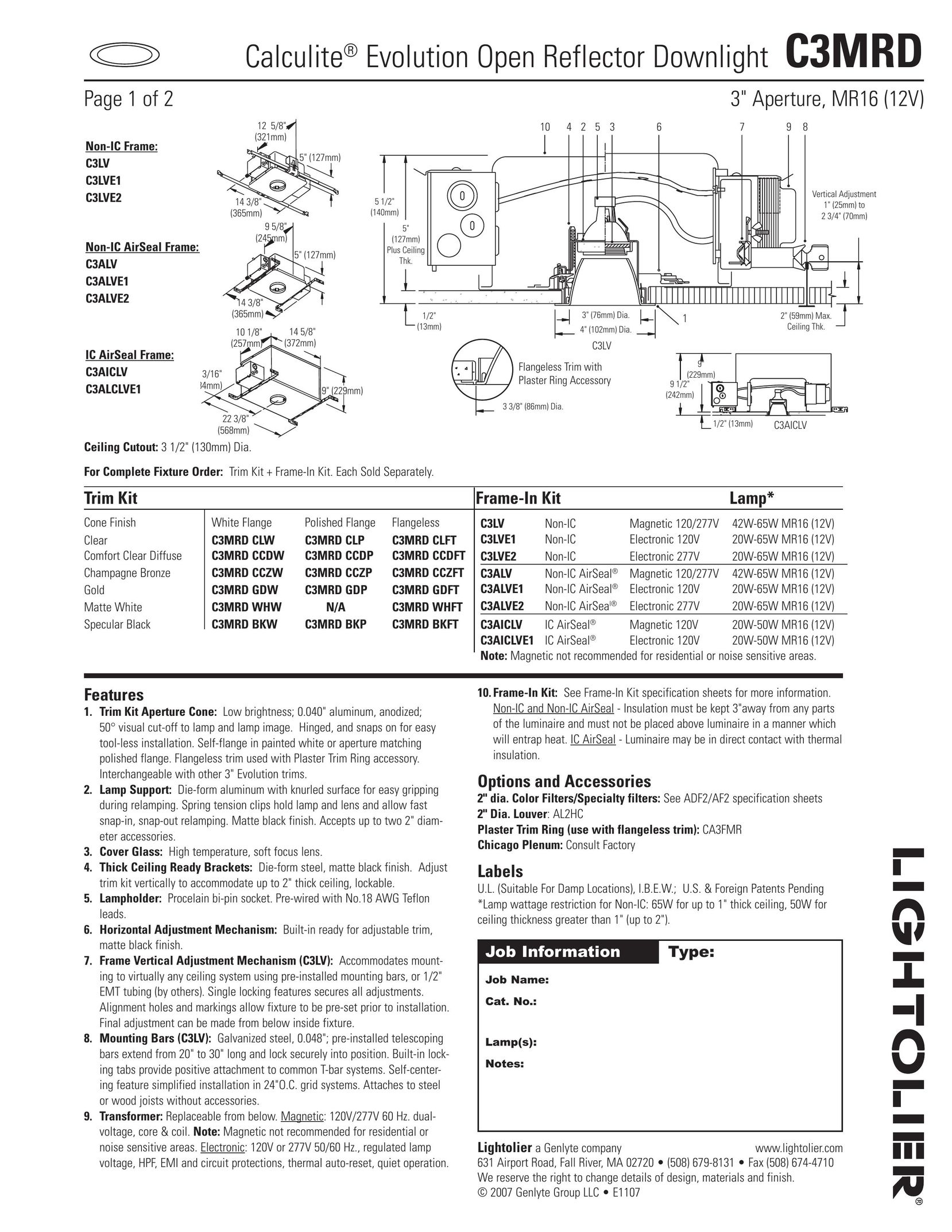 Lightolier C3MRD Work Light User Manual