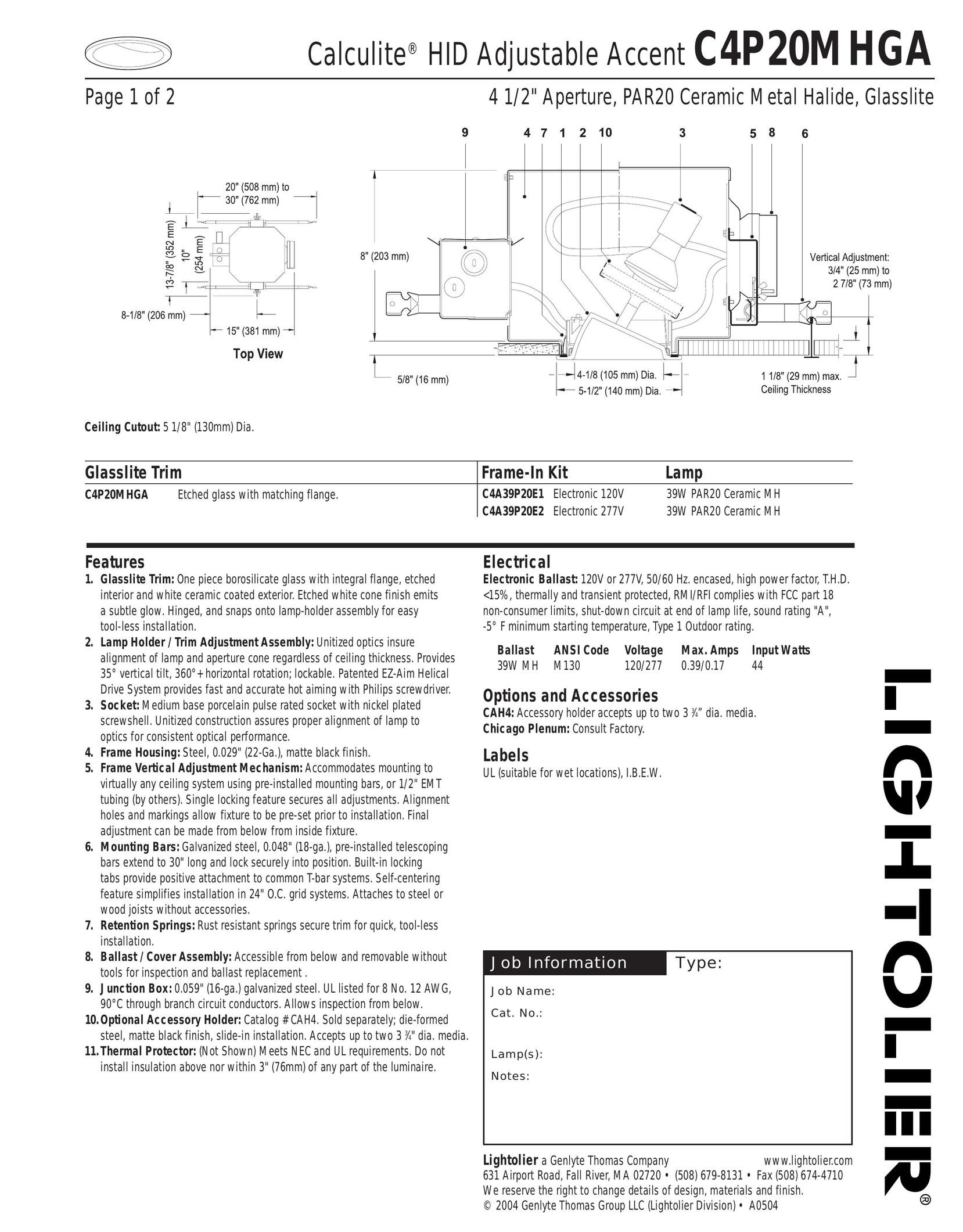 Lightolier C4P20MHGA Work Light User Manual