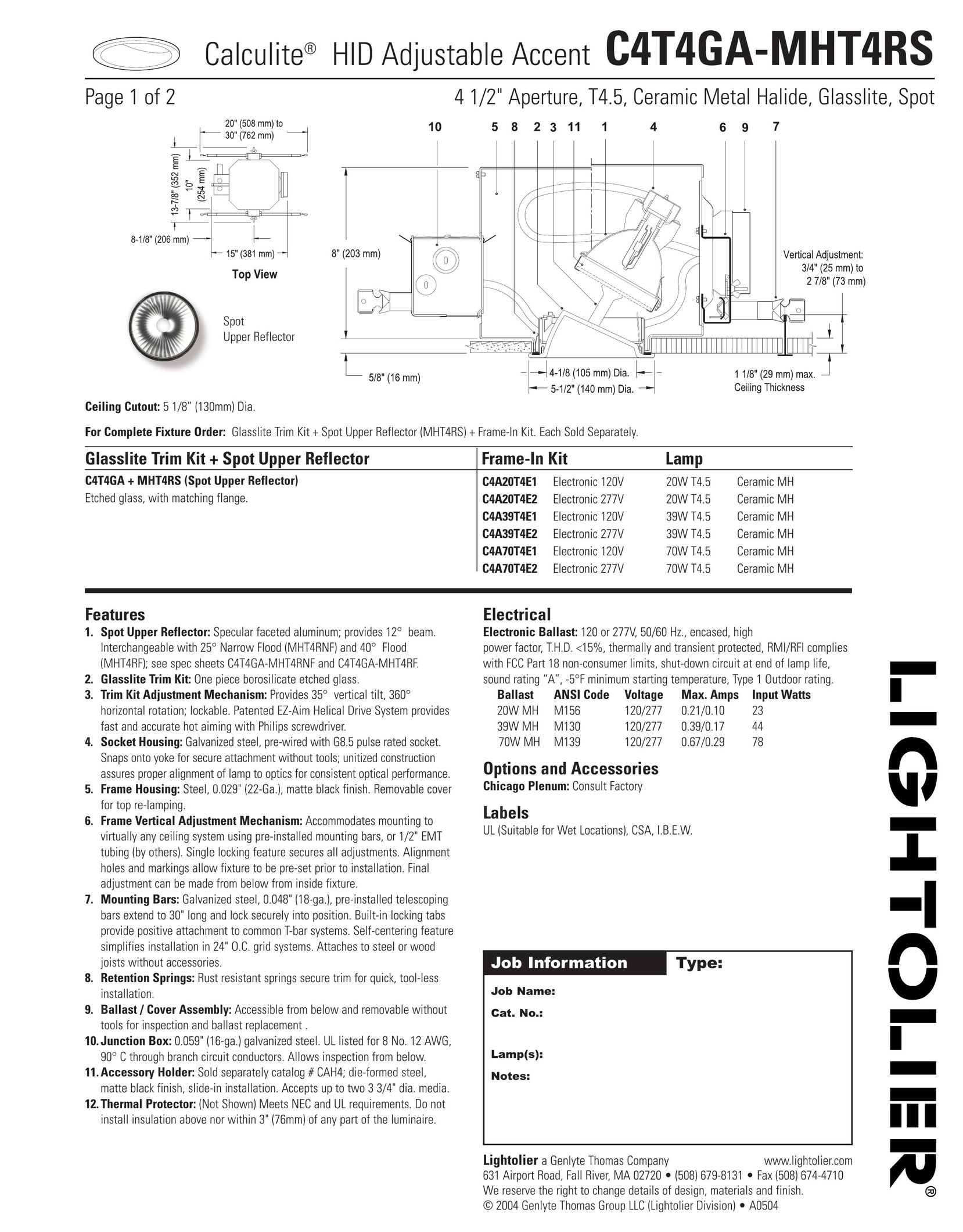 Lightolier C4T4GA-MHT4RS Work Light User Manual