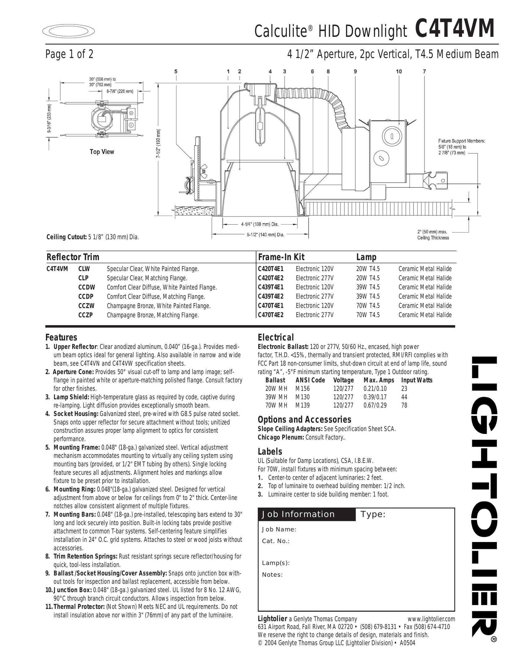 Lightolier C4T4VM Work Light User Manual