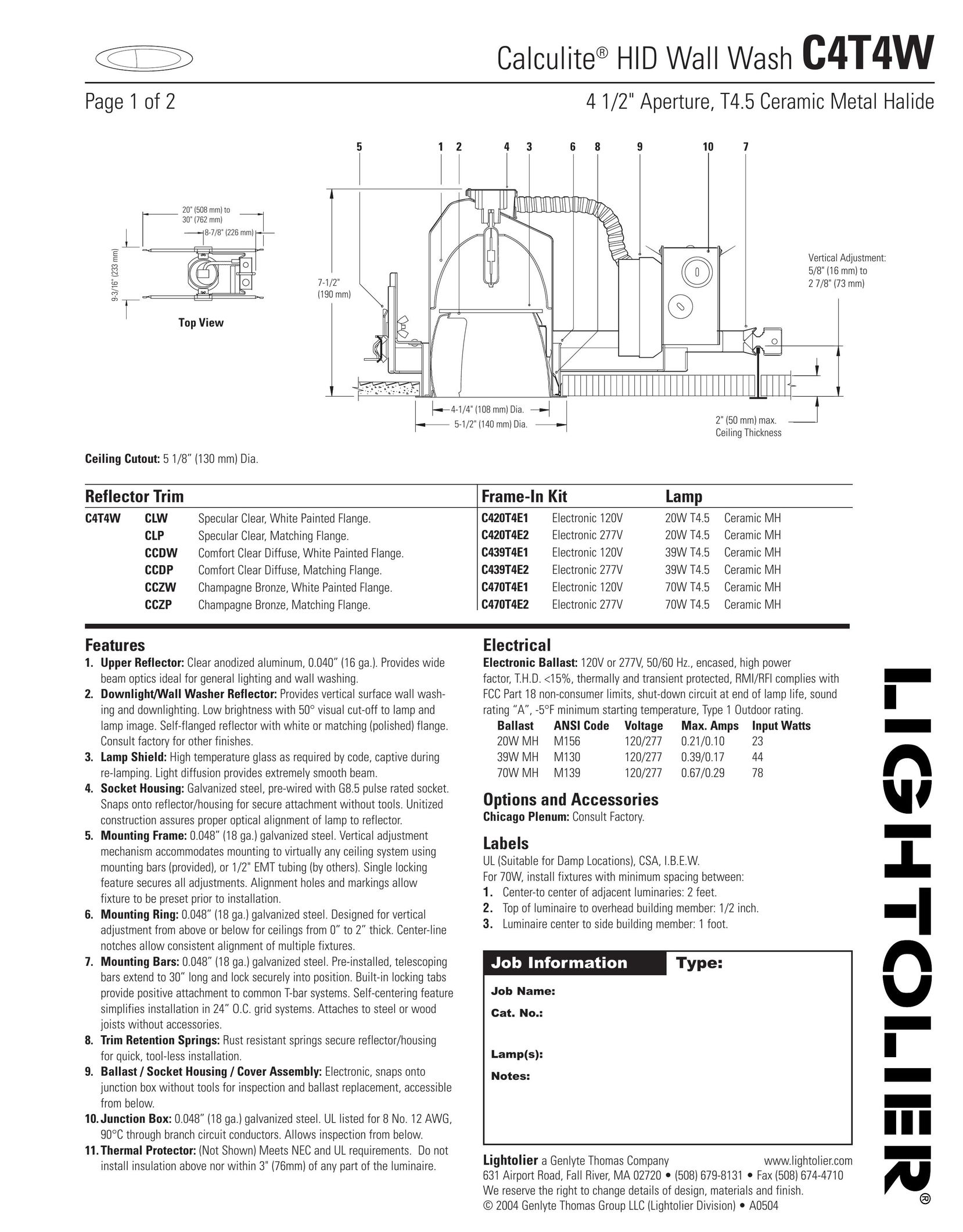 Lightolier C4T4W Work Light User Manual