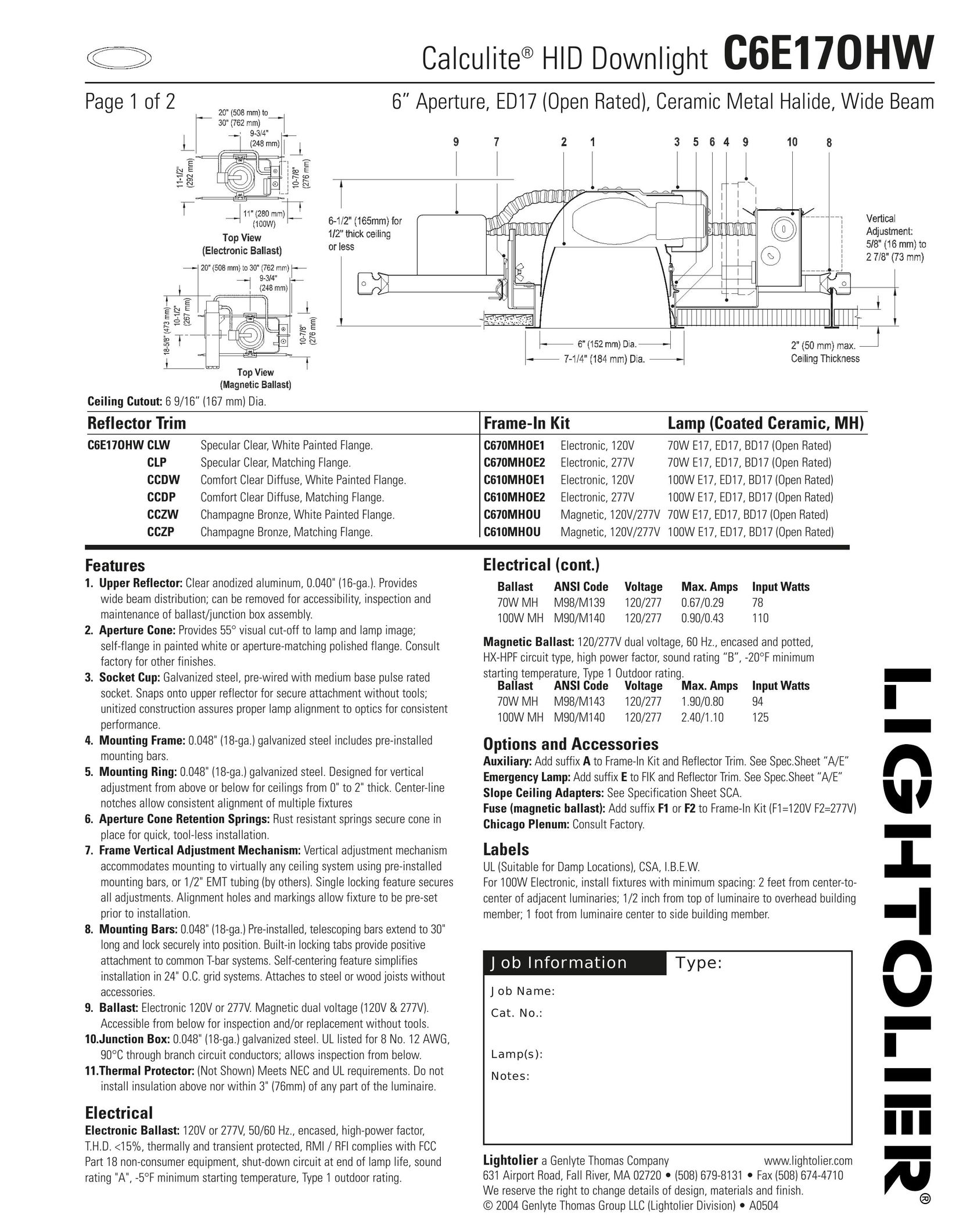 Lightolier C6E17OHW Work Light User Manual