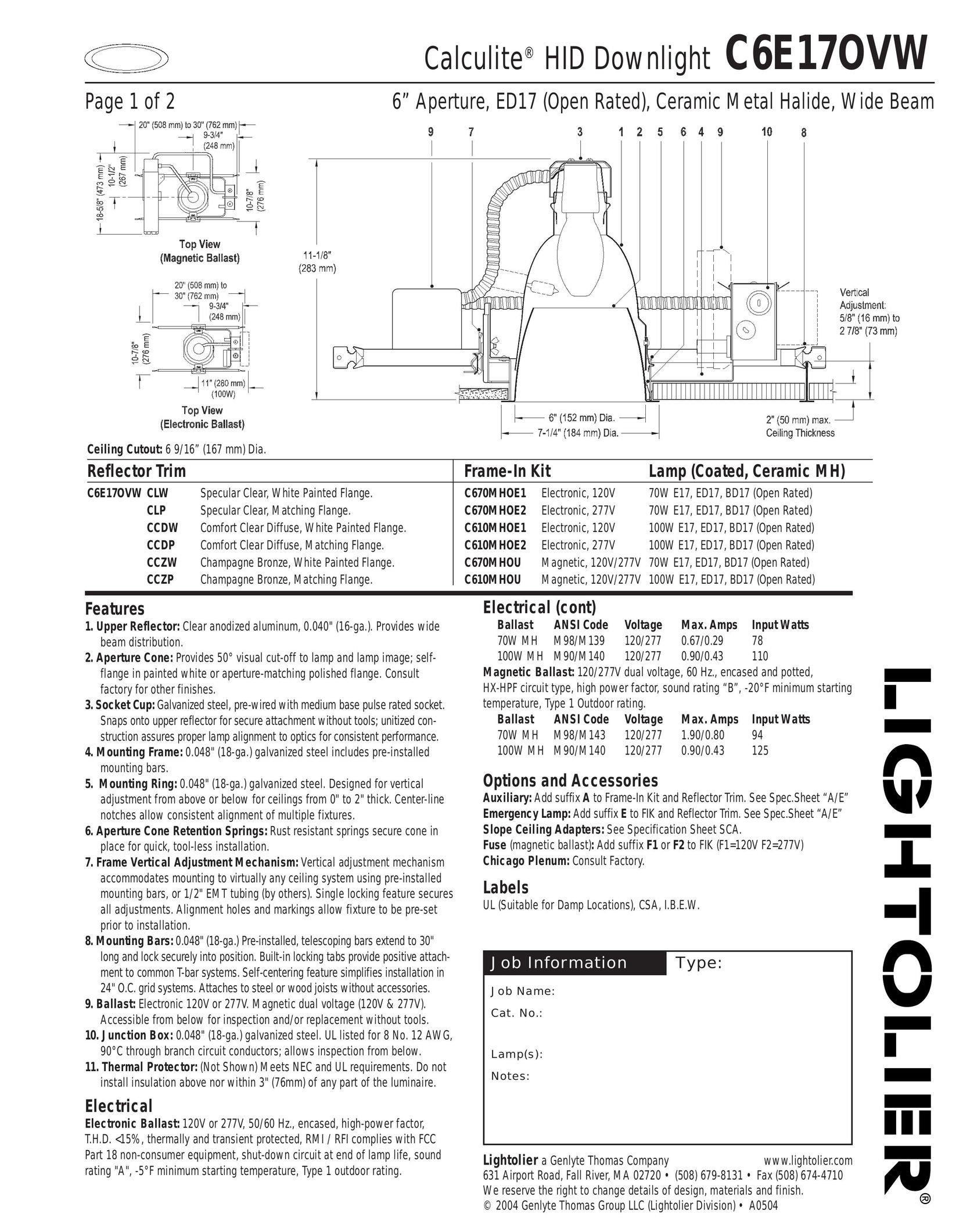 Lightolier C6E17OVW Work Light User Manual