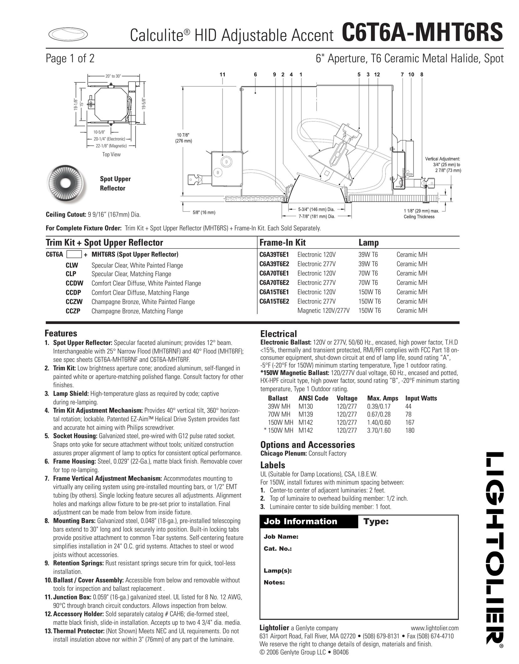 Lightolier C6T6A-MHT6RS Work Light User Manual