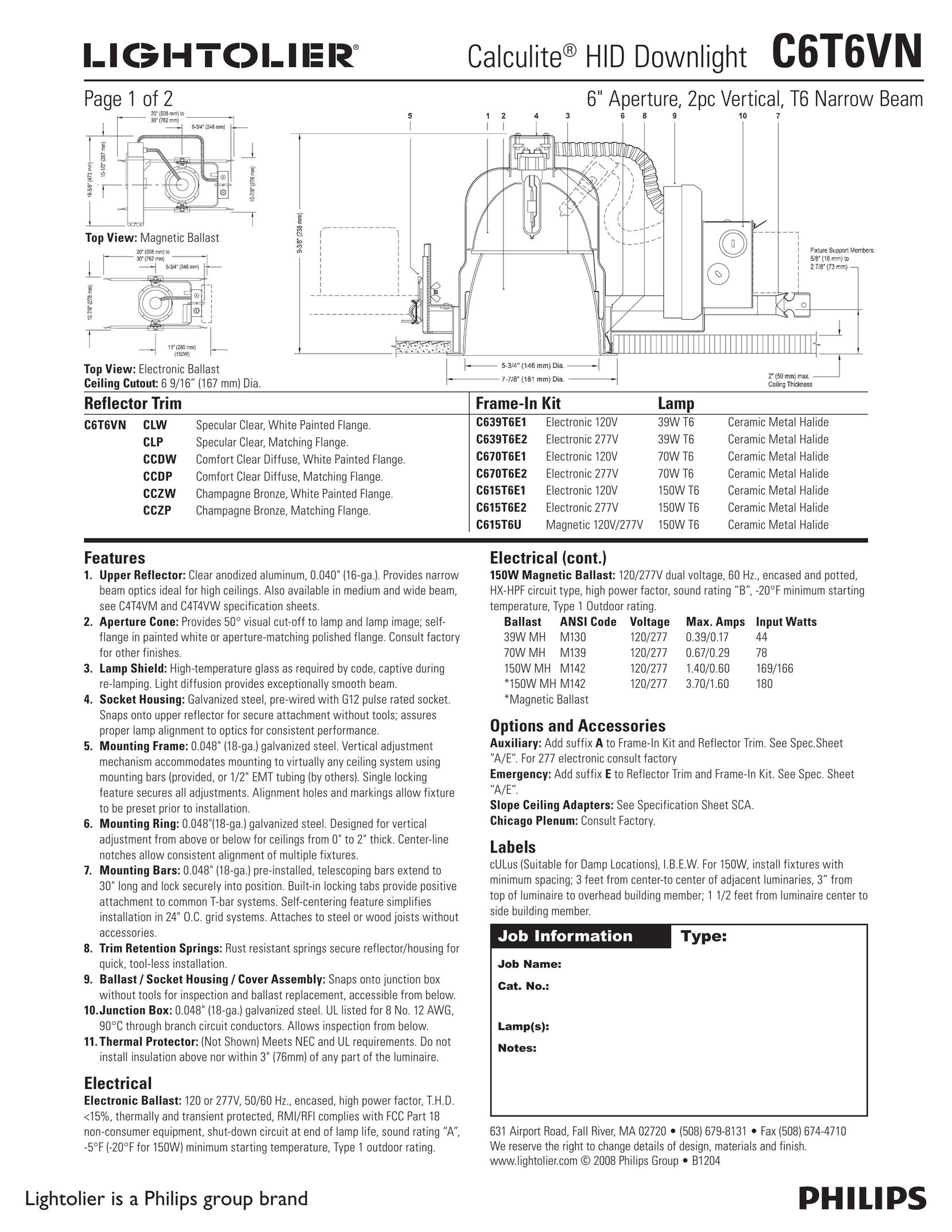 Lightolier C6T6VN Work Light User Manual