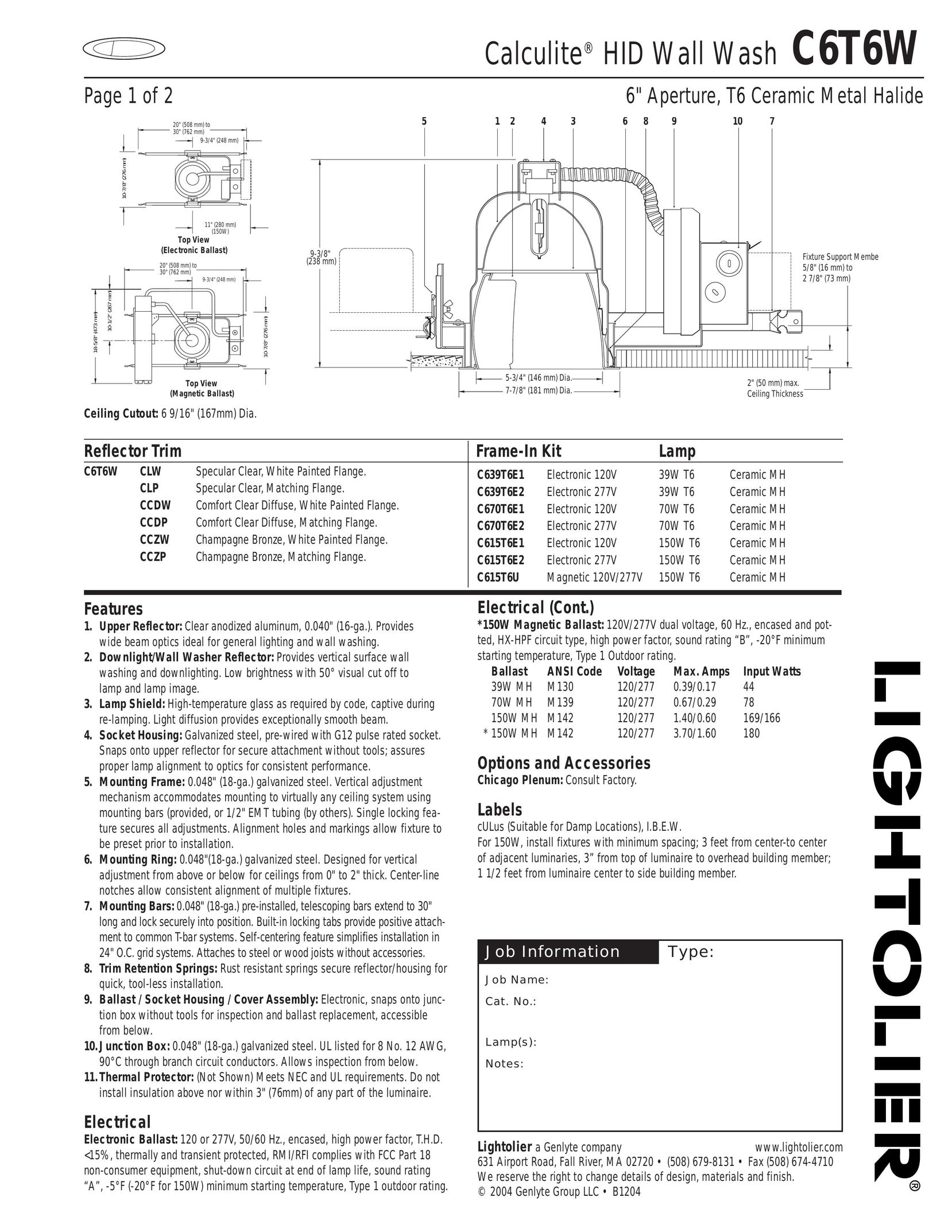 Lightolier C6T6W Work Light User Manual