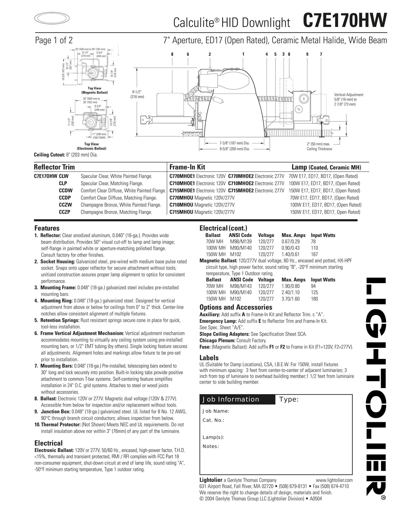 Lightolier C7E170HW Work Light User Manual