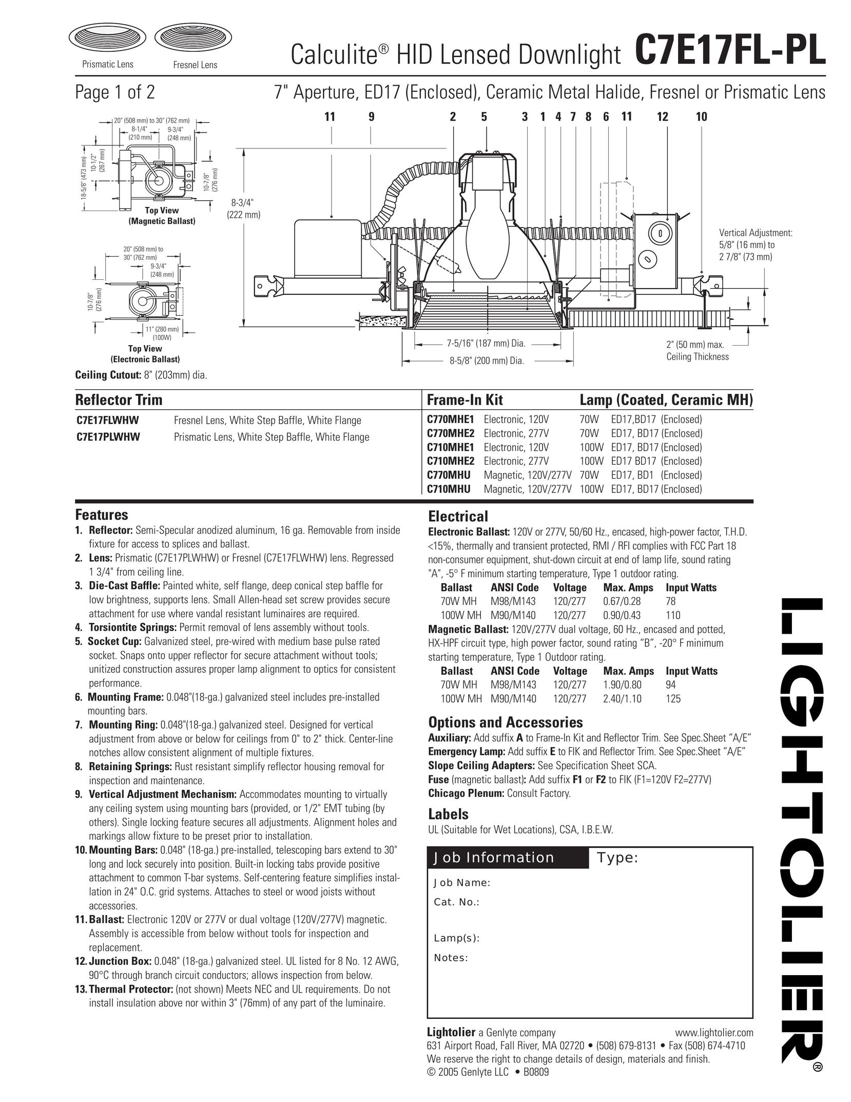 Lightolier C7E17FL-PL Work Light User Manual