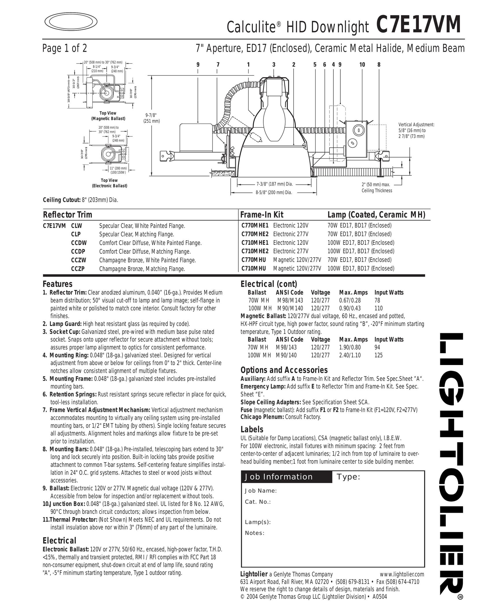 Lightolier C7E17VM Work Light User Manual