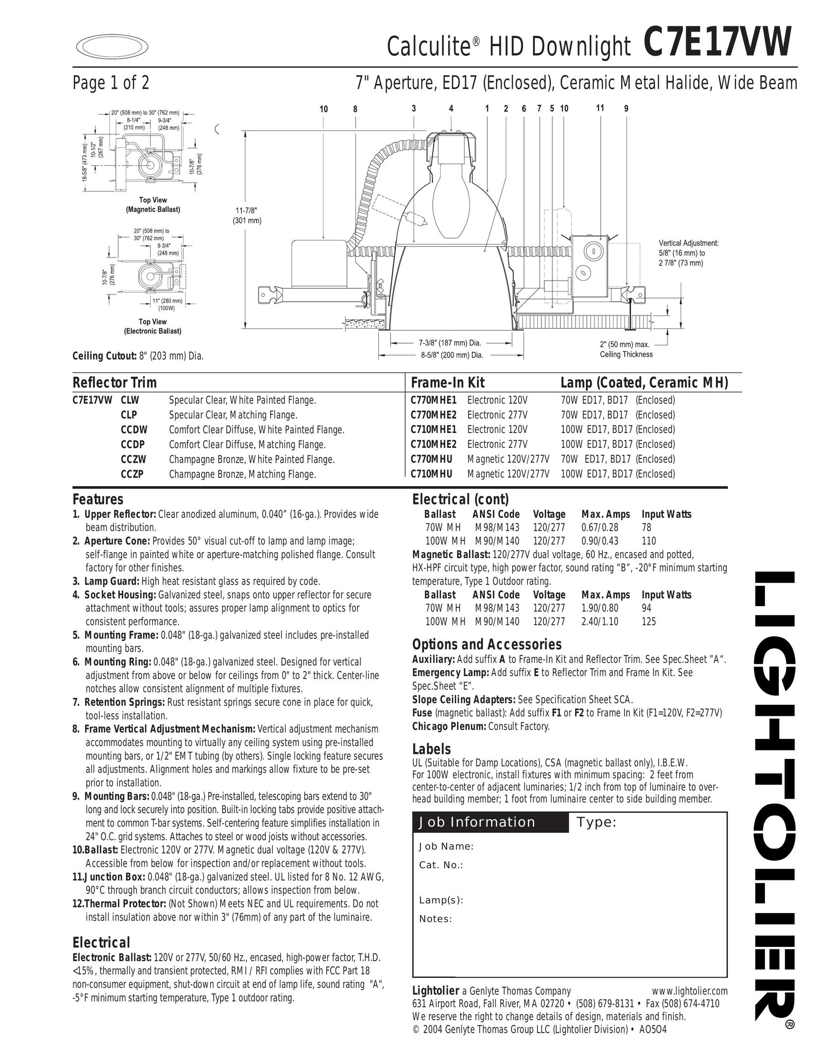 Lightolier C7E17VW Work Light User Manual
