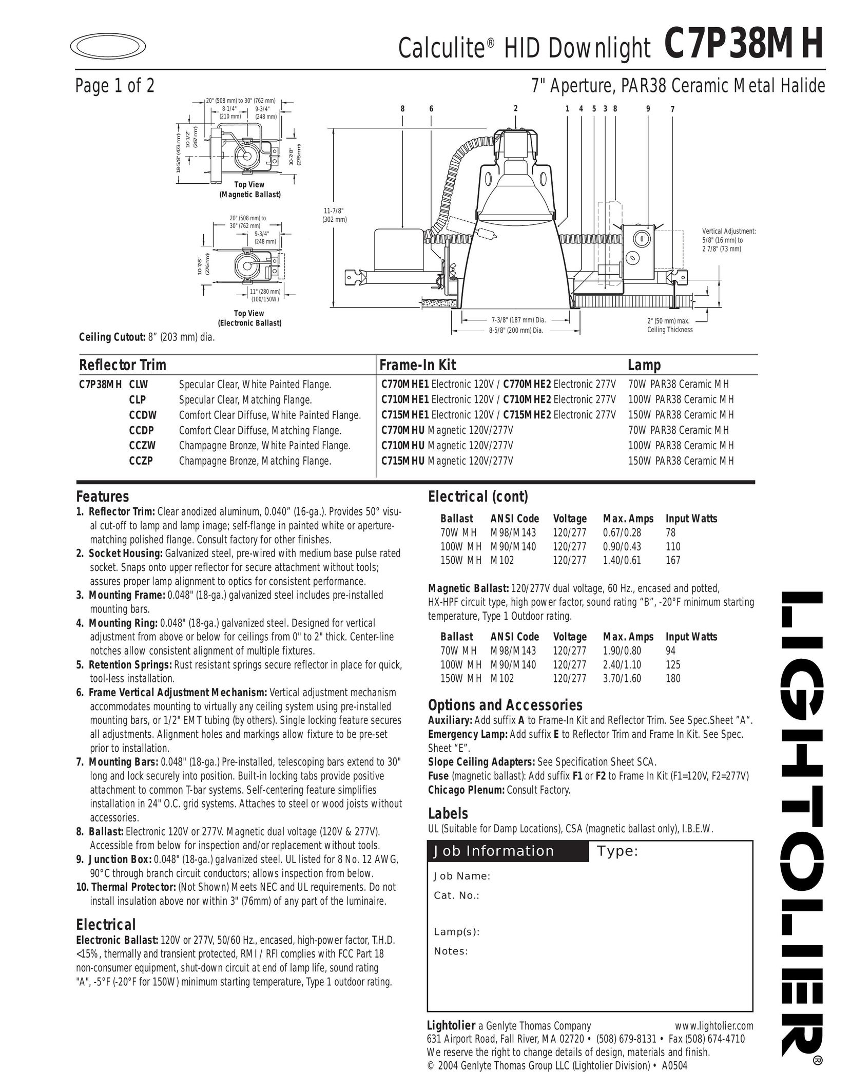 Lightolier C7P38MH Work Light User Manual