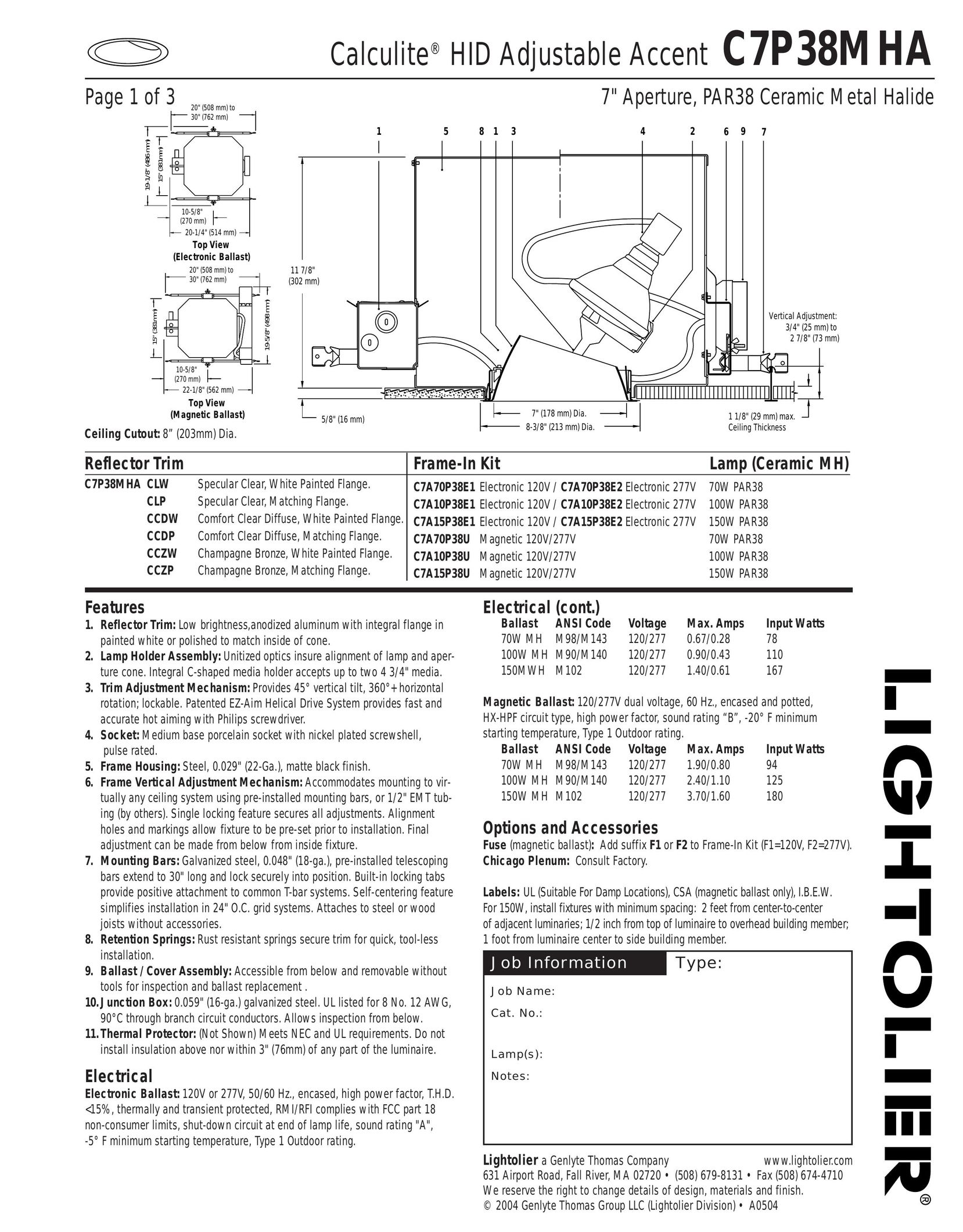 Lightolier C7P38MHA Work Light User Manual