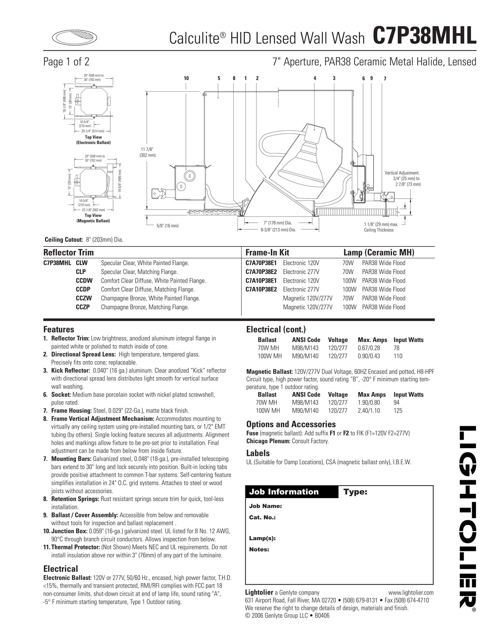 Lightolier C7P38MHL Work Light User Manual