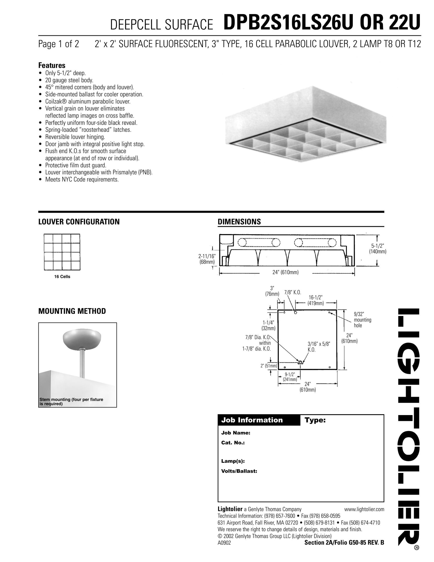 Lightolier DPB2S16LS22U Work Light User Manual