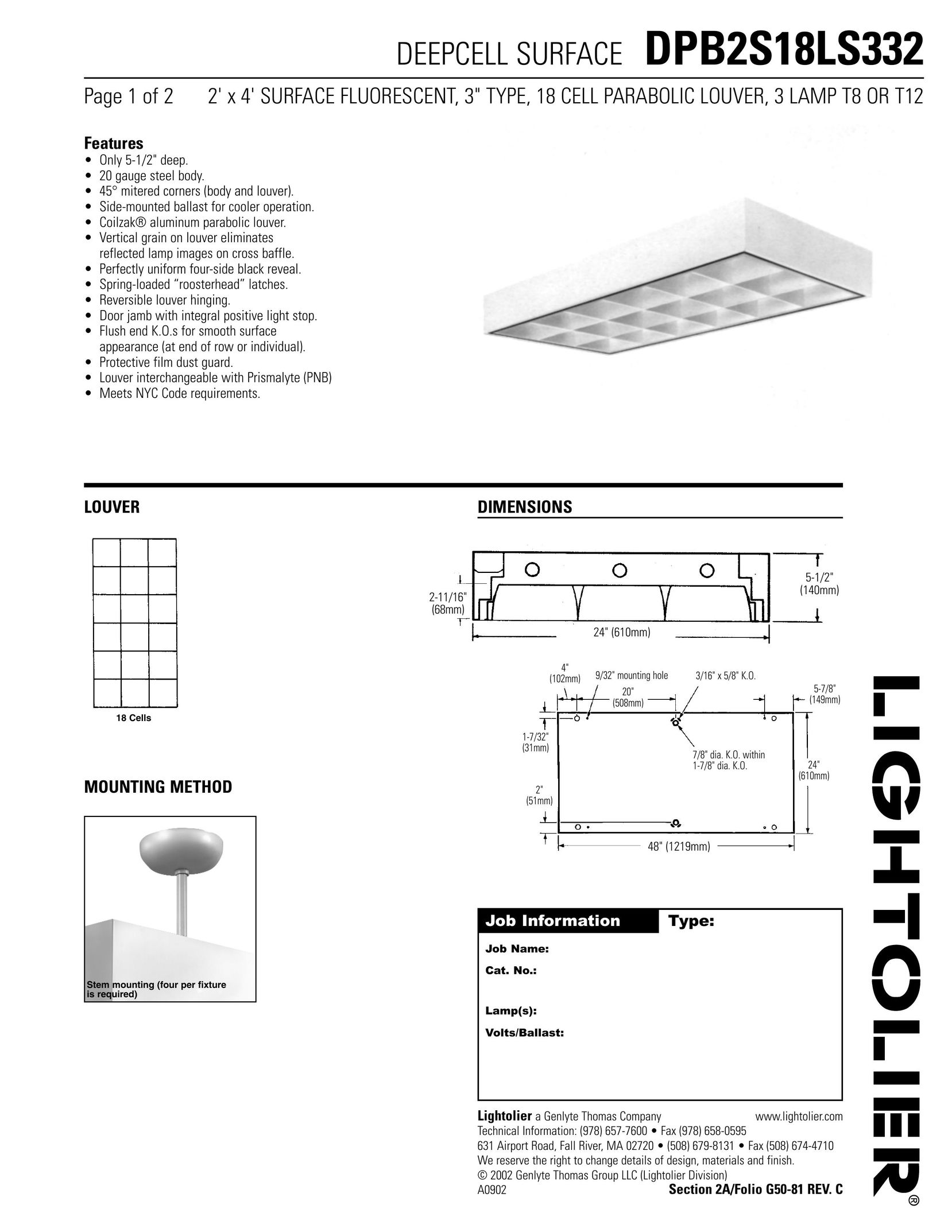 Lightolier DPB2S18LS332 Work Light User Manual