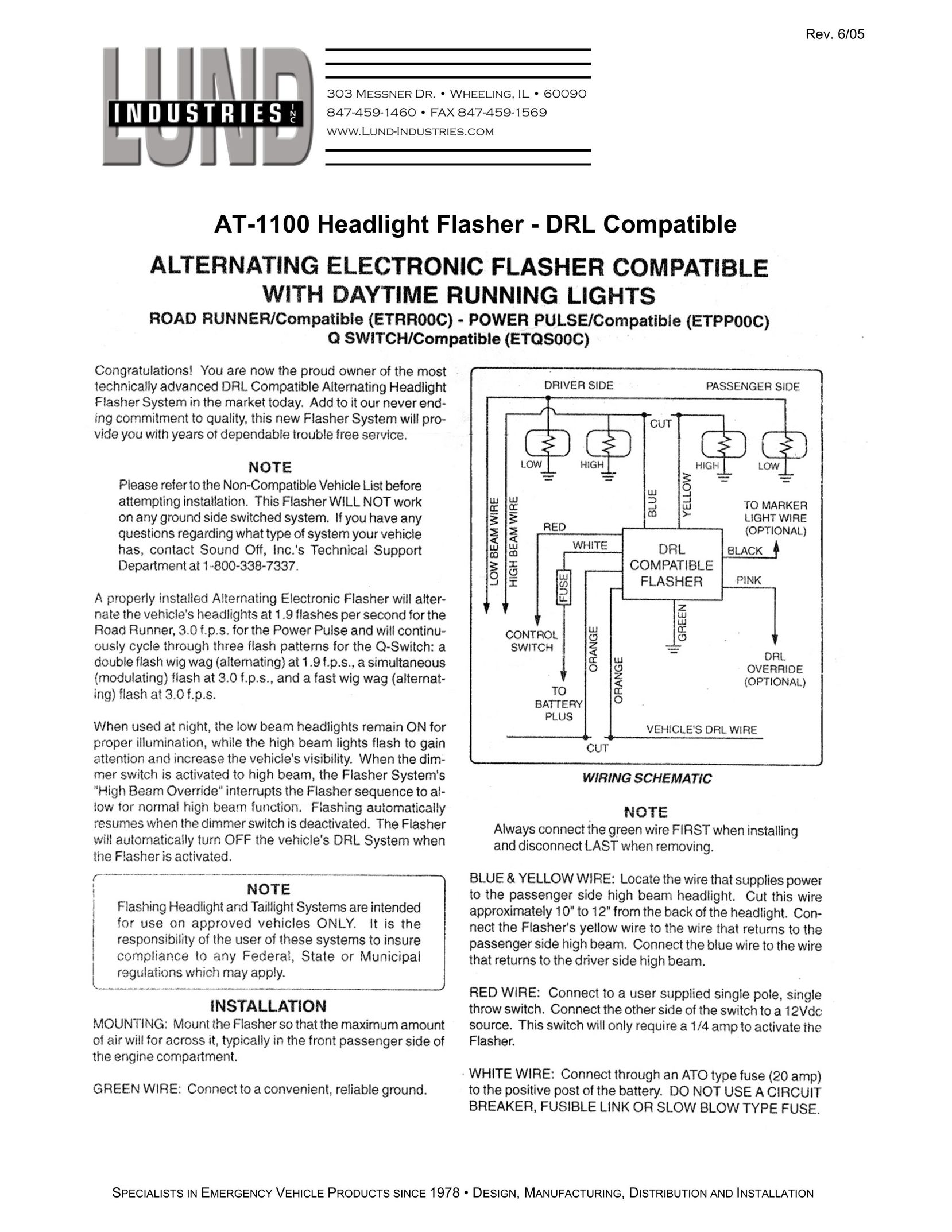 Lund Industries AT-1100 Work Light User Manual