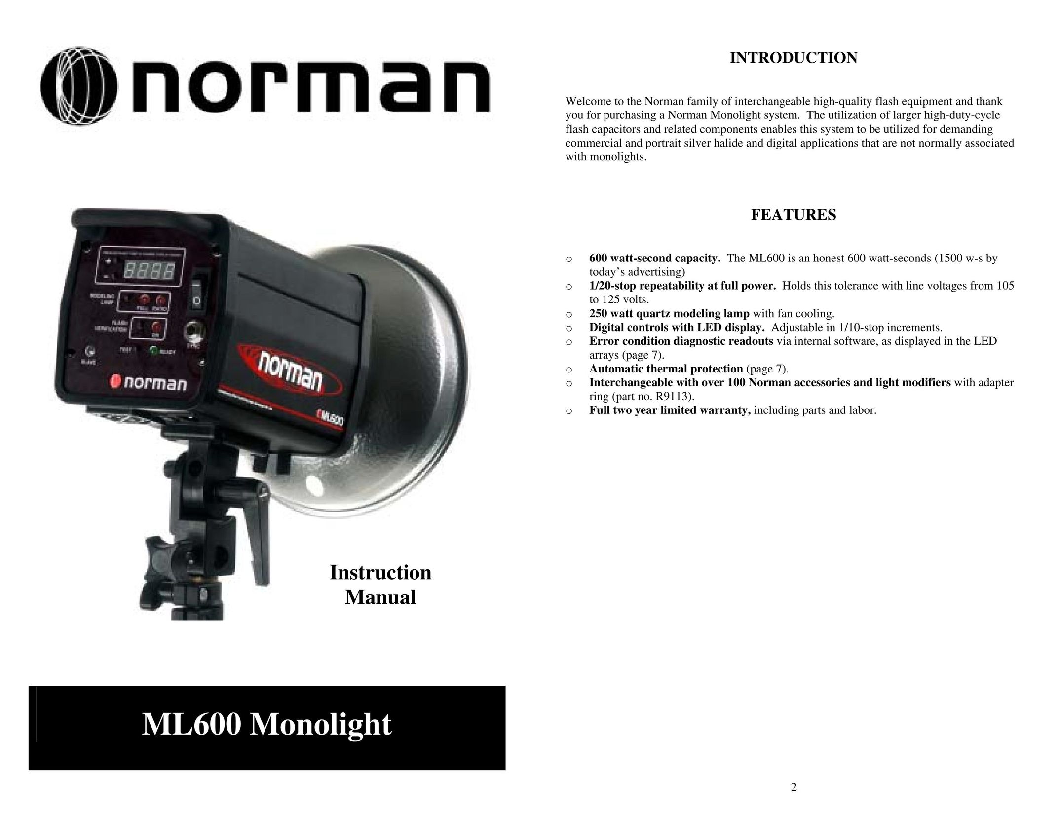 Photo Control/Norman ML600 Monolight Work Light User Manual