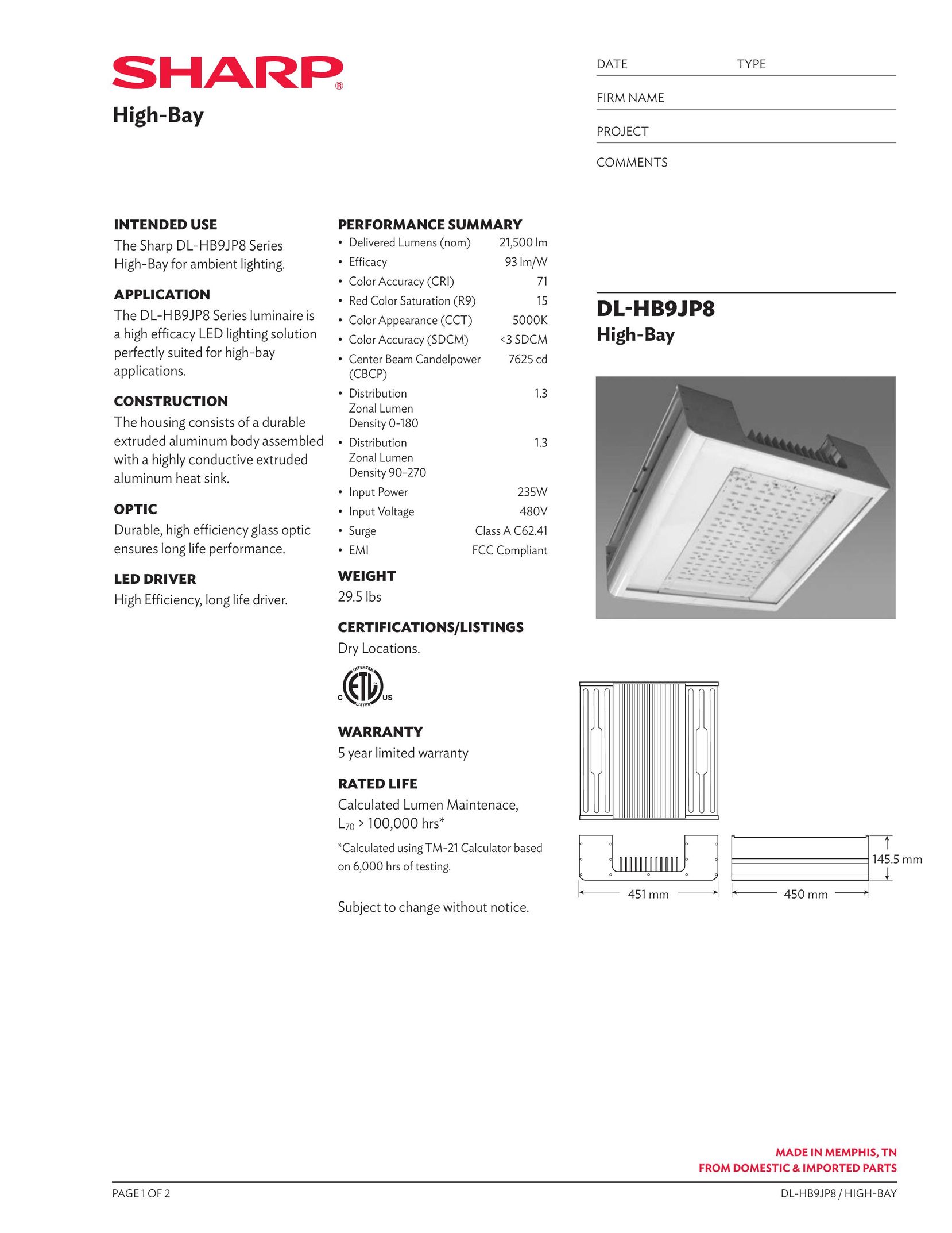 Sharp DL-HB9JP8 Work Light User Manual